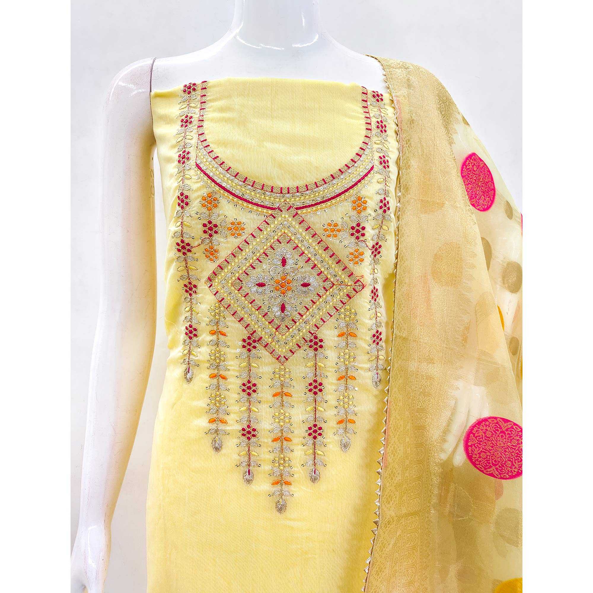 Yellow Floral Sequins Embroidered Chanderi Dress Material