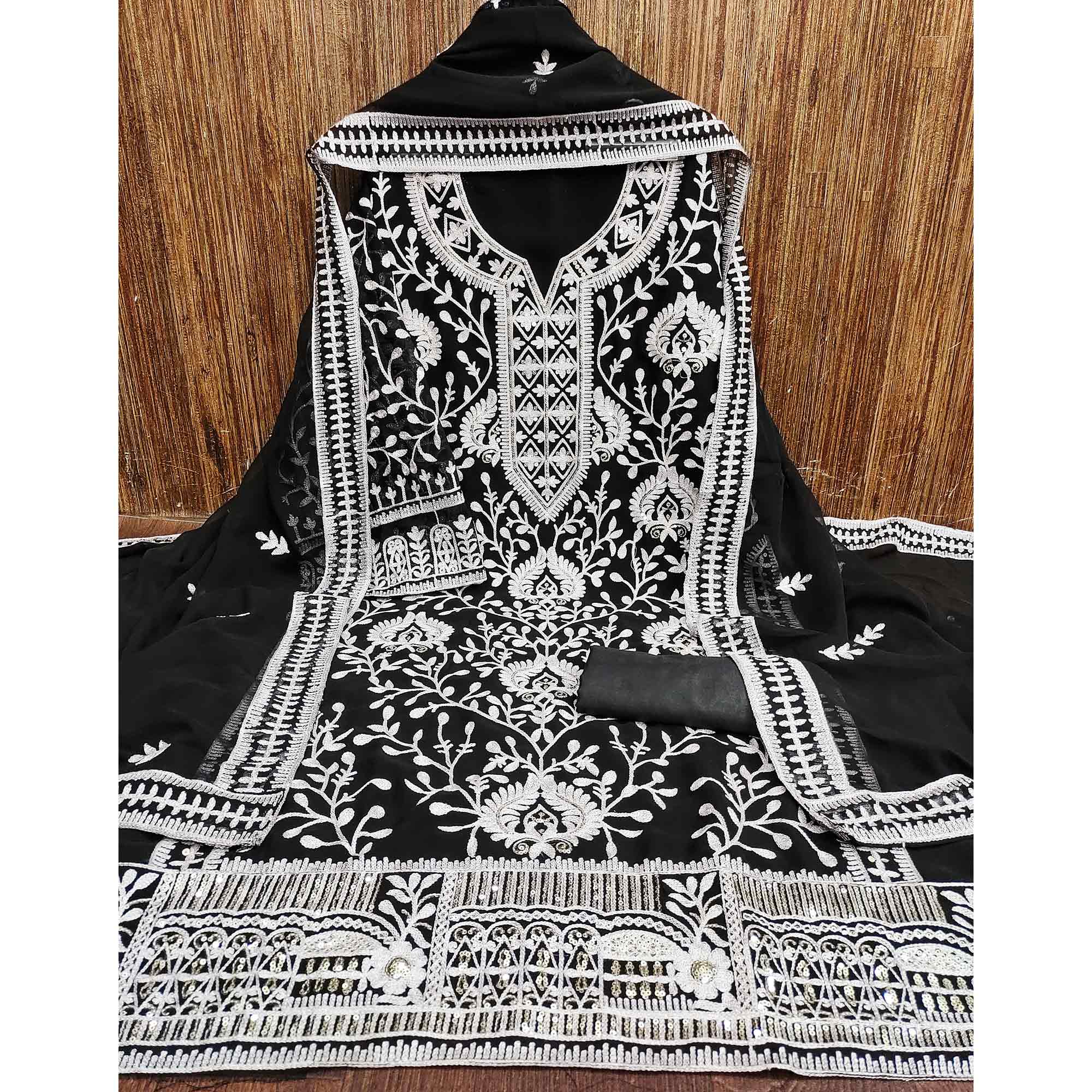 Black Floral Sequins Embroidered Georgette Dress Material