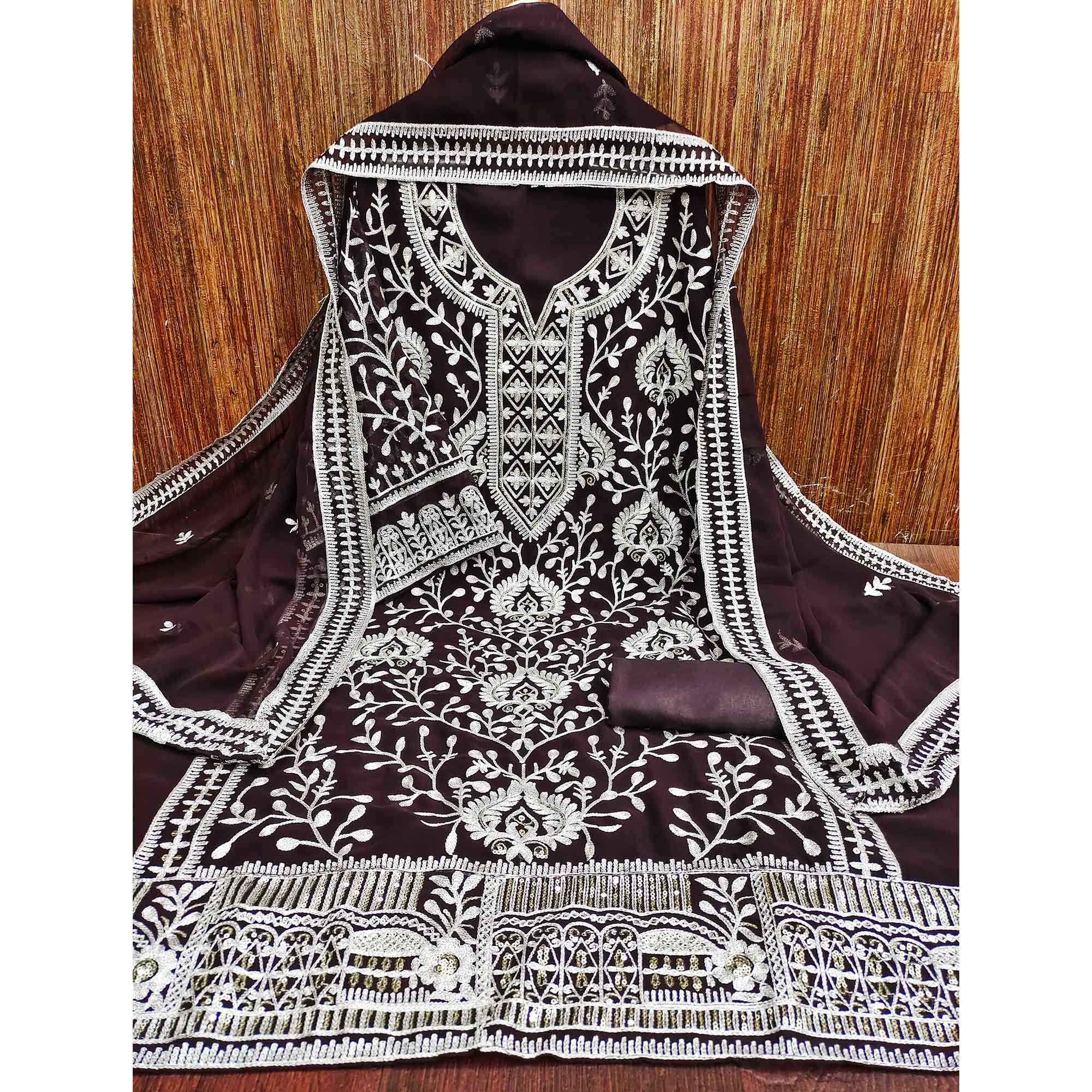 Coffee Brown Floral Sequins Embroidered Georgette Dress Material