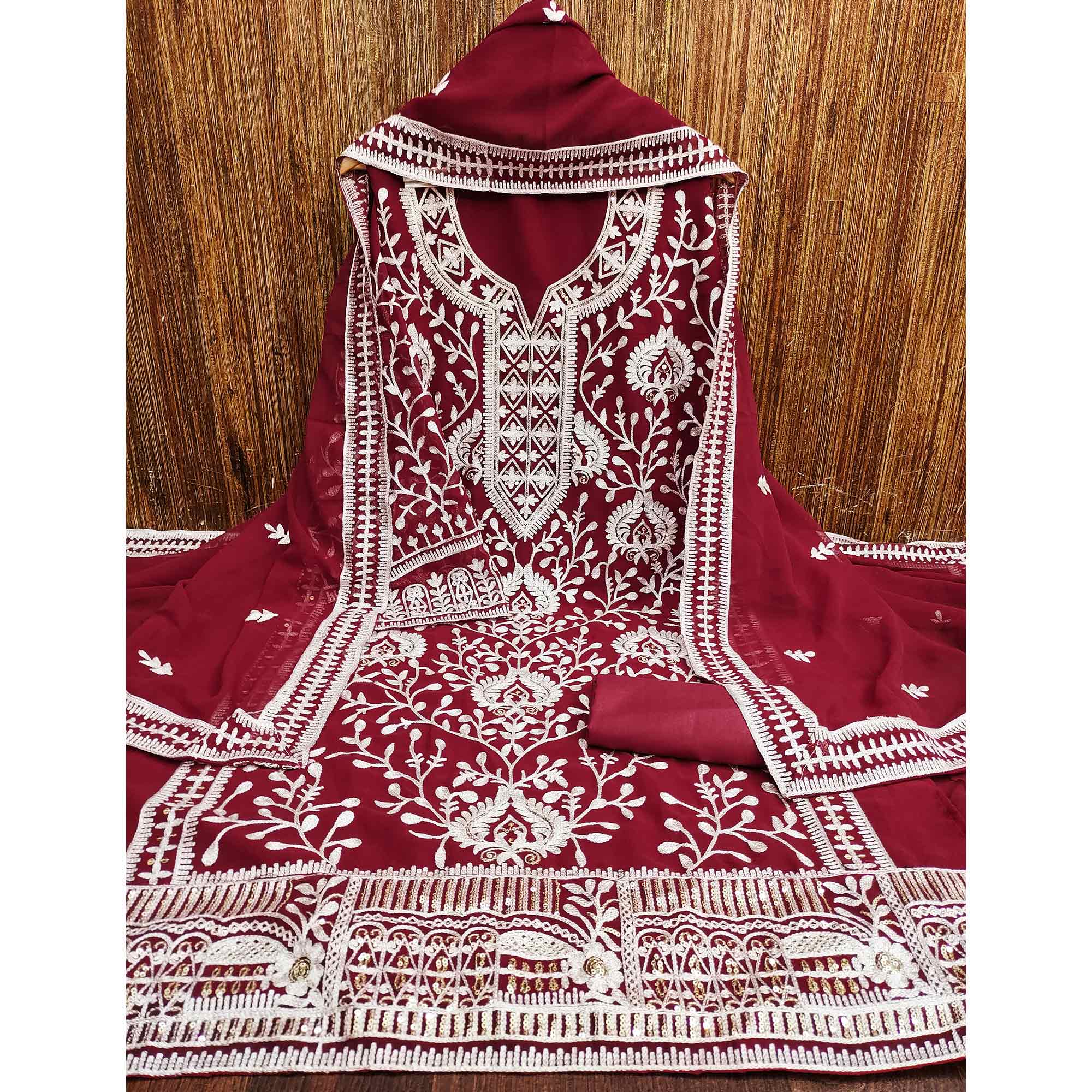 Maroon Floral Sequins Embroidered Georgette Dress Material