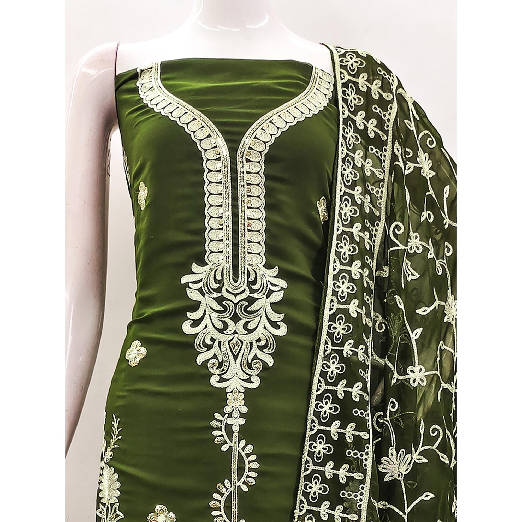 Mehendi Green Floral Sequins Embroidered Georgette Dress Material