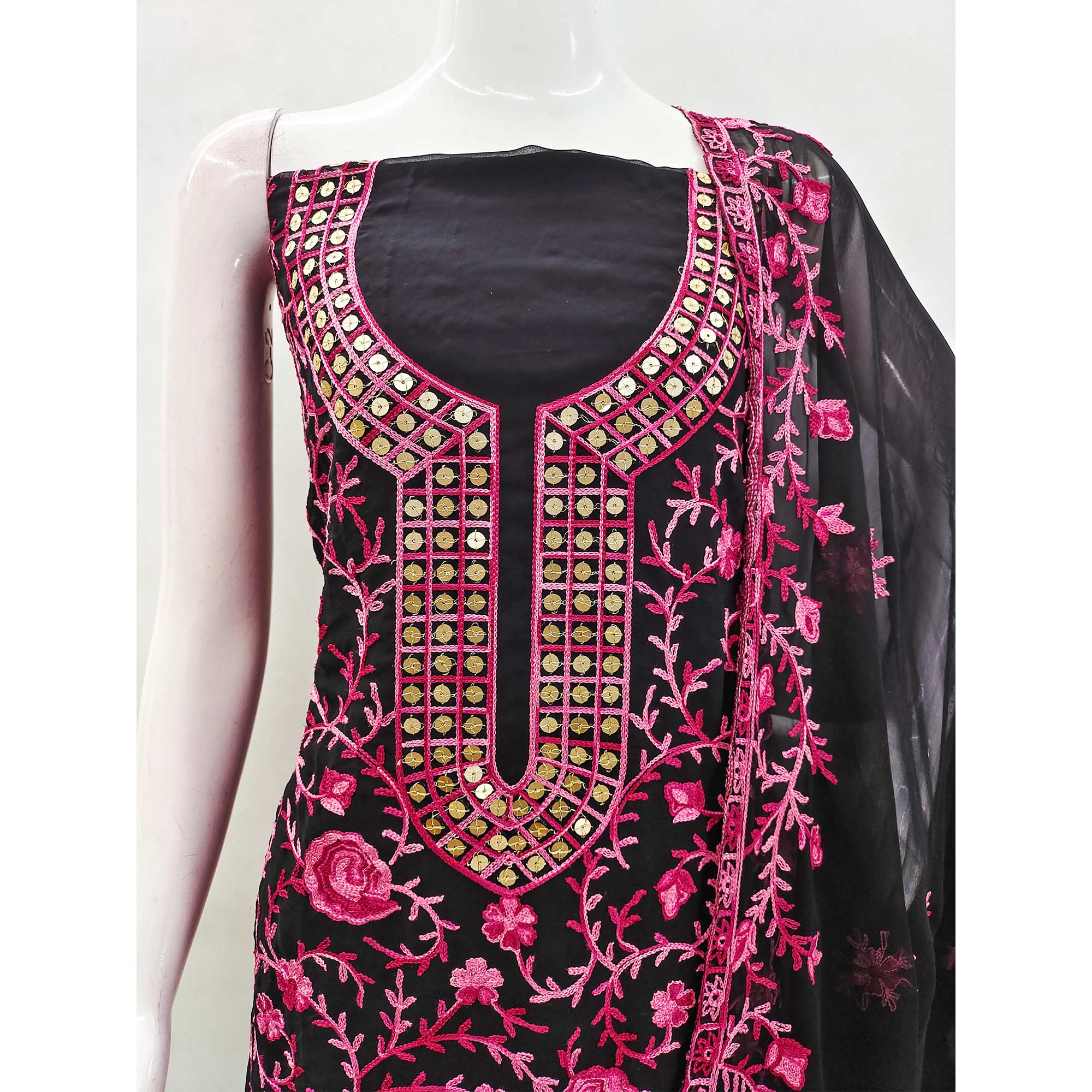 Black & Gajari Pink Floral Sequins Embroidered Georgette Dress Material