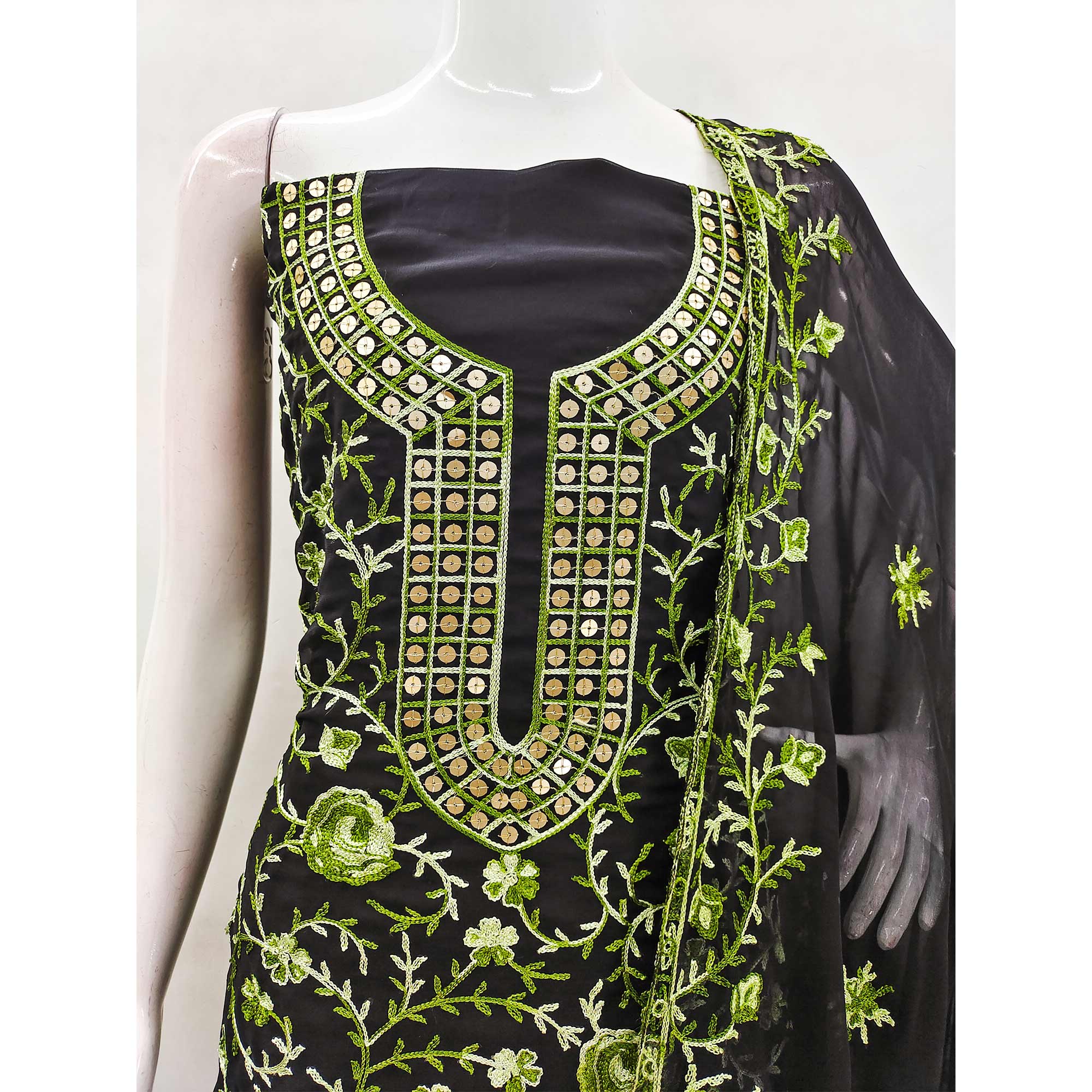 Black & Green Floral Sequins Embroidered Georgette Dress Material