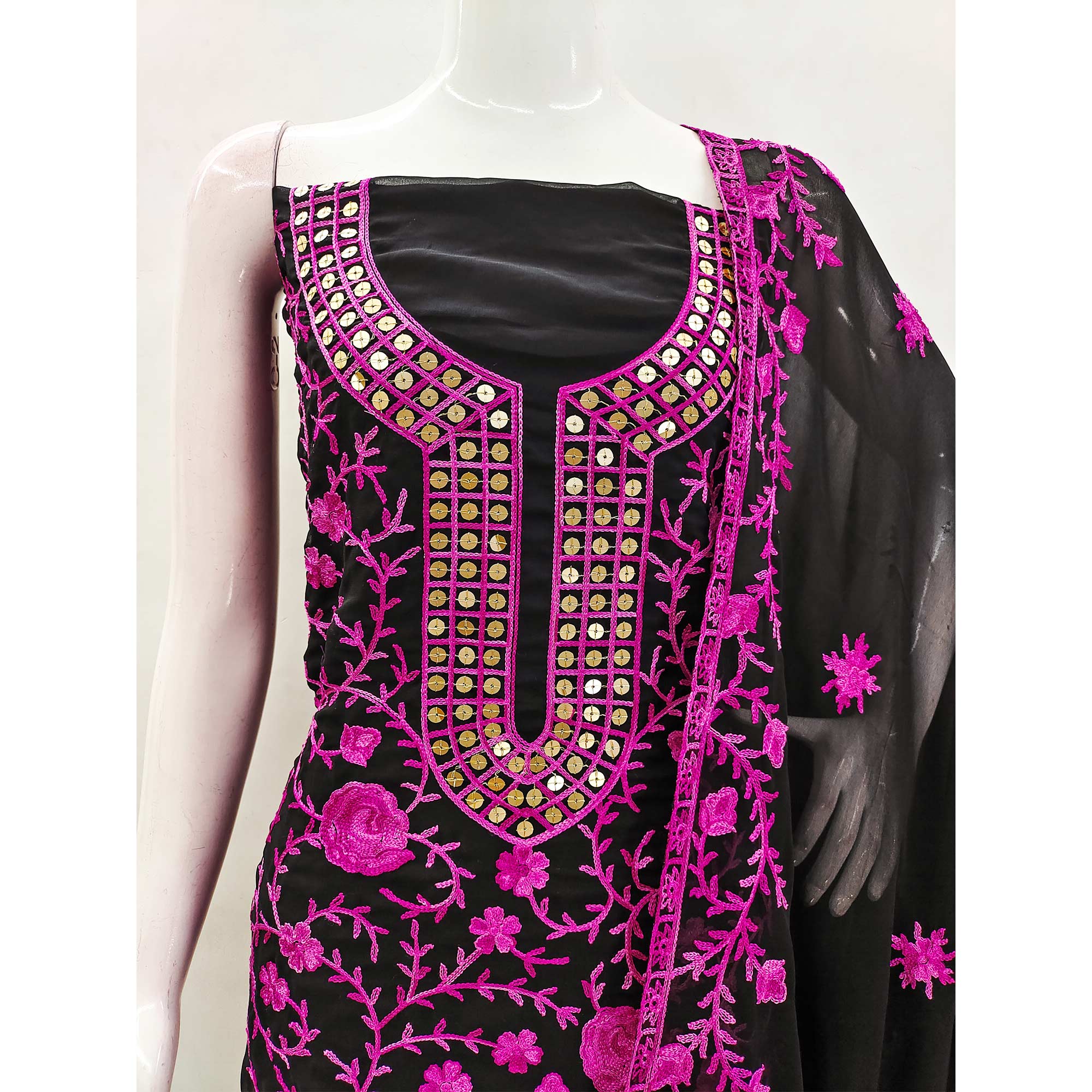 Black & Pink Floral Sequins Embroidered Georgette Dress Material