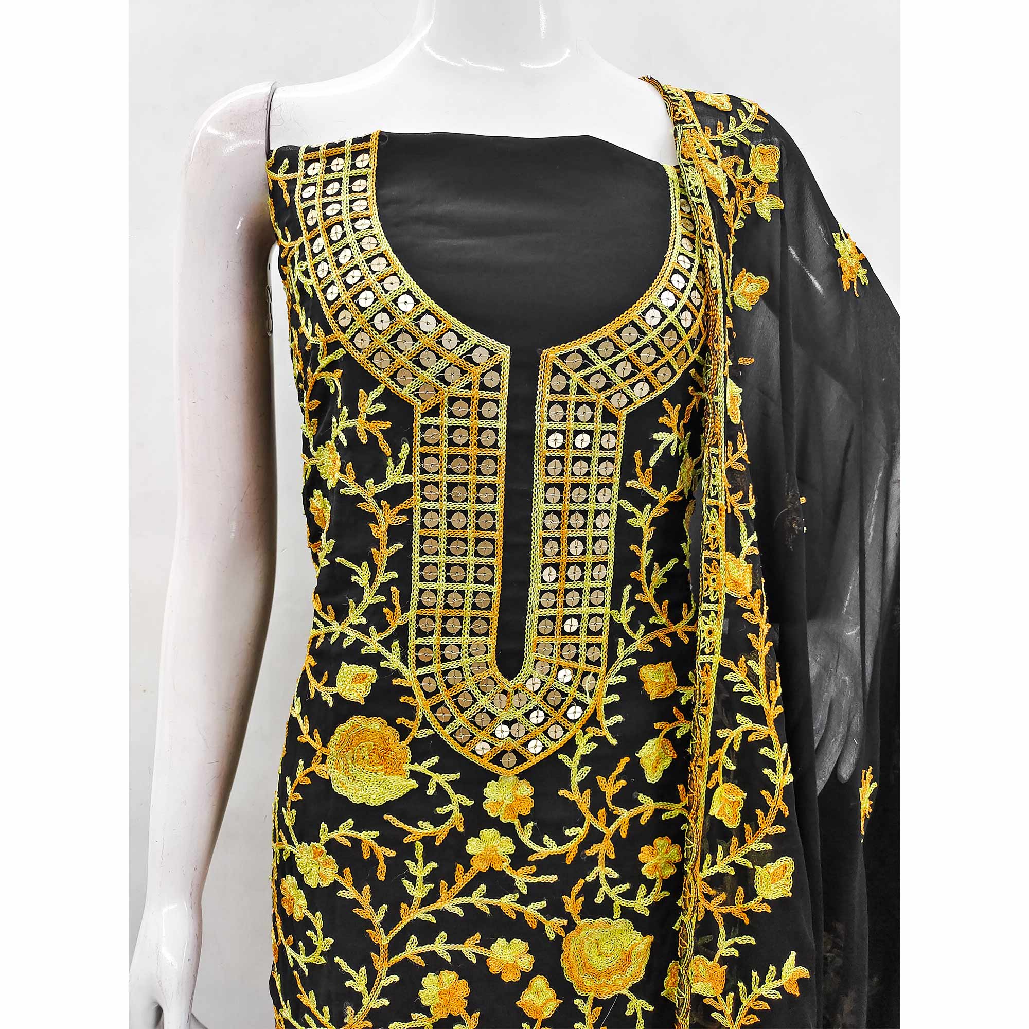 Black & Yellow Floral Sequins Embroidered Georgette Dress Material