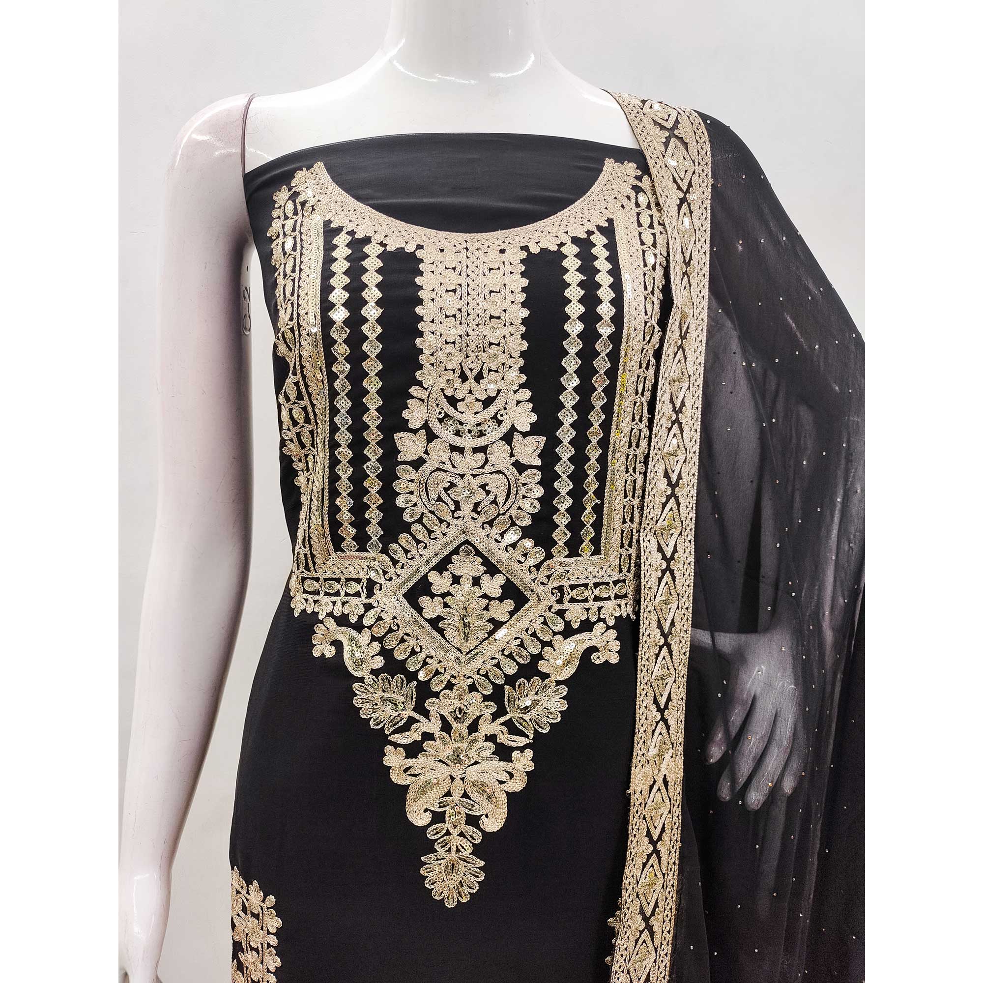 Black Floral Sequins Embroidered Georgette Dress Material