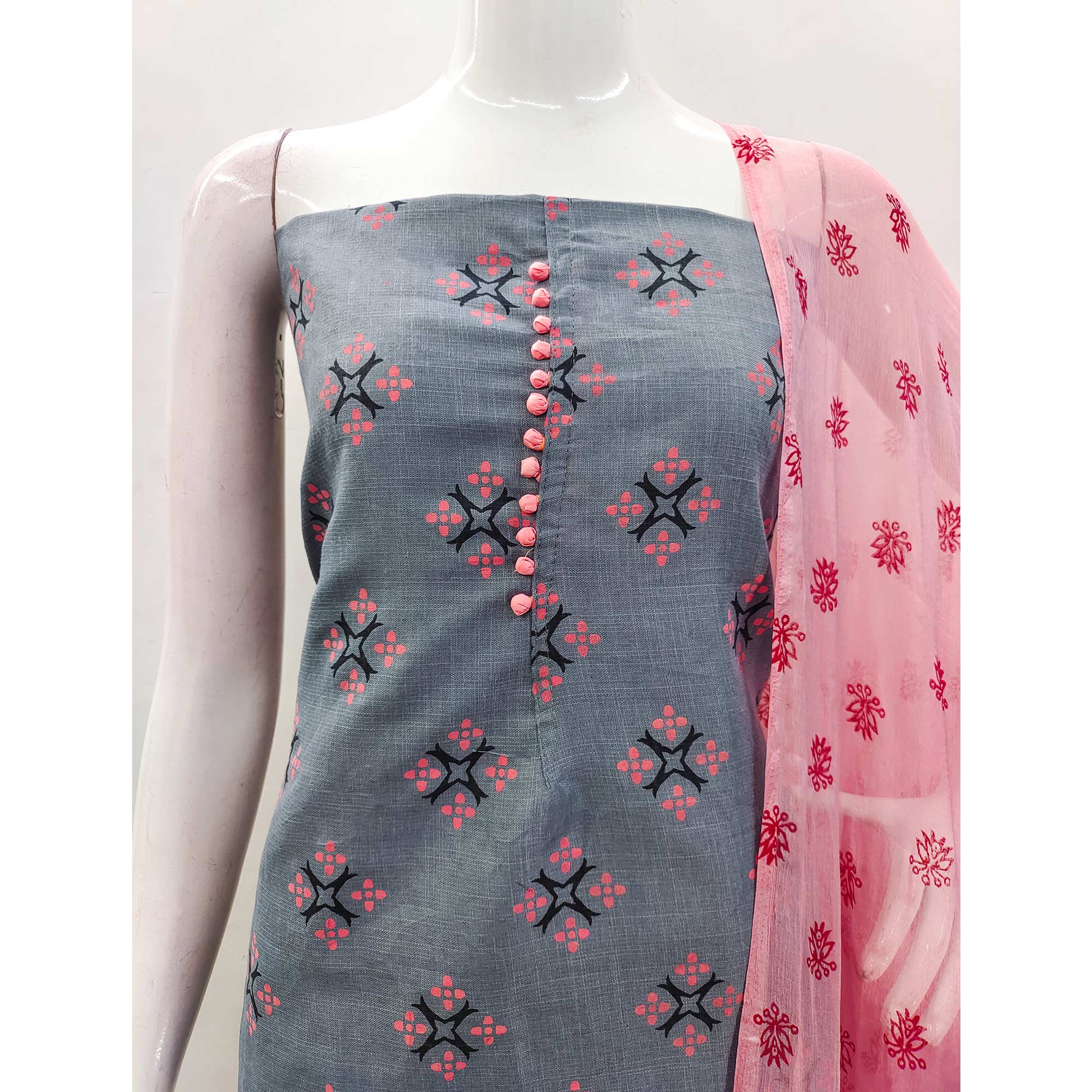 Grey & Gajari Pink Floral Printed Cotton Blend Dress Material