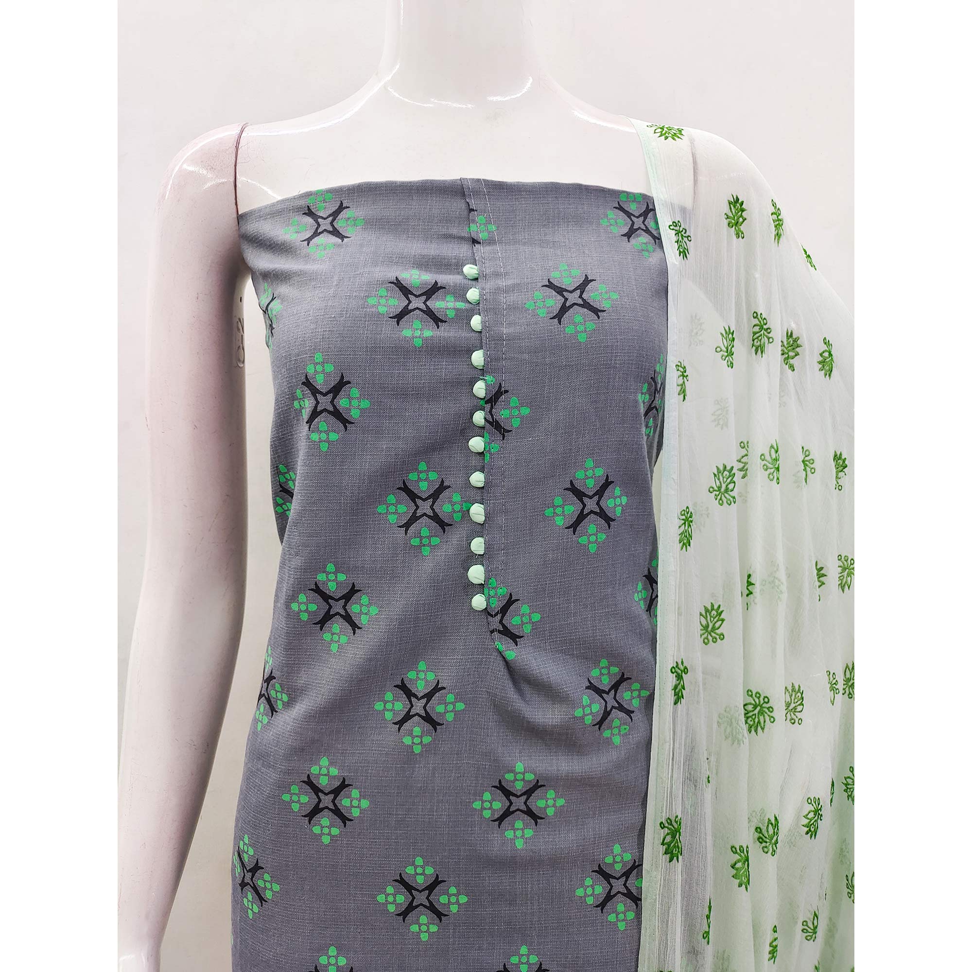 Grey & Green Floral Printed Cotton Blend Dress Material