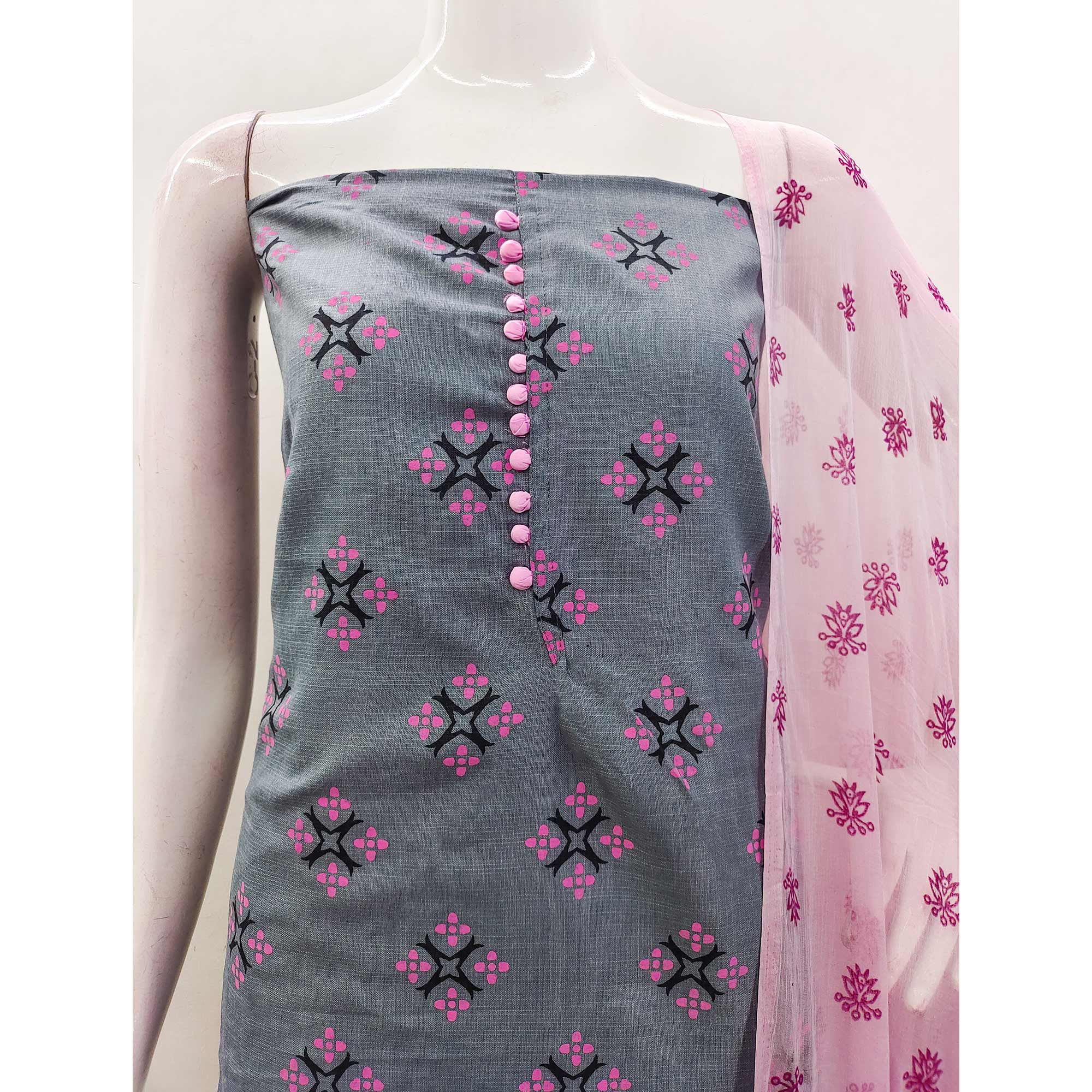 Grey & Pink Floral Printed Cotton Blend Dress Material