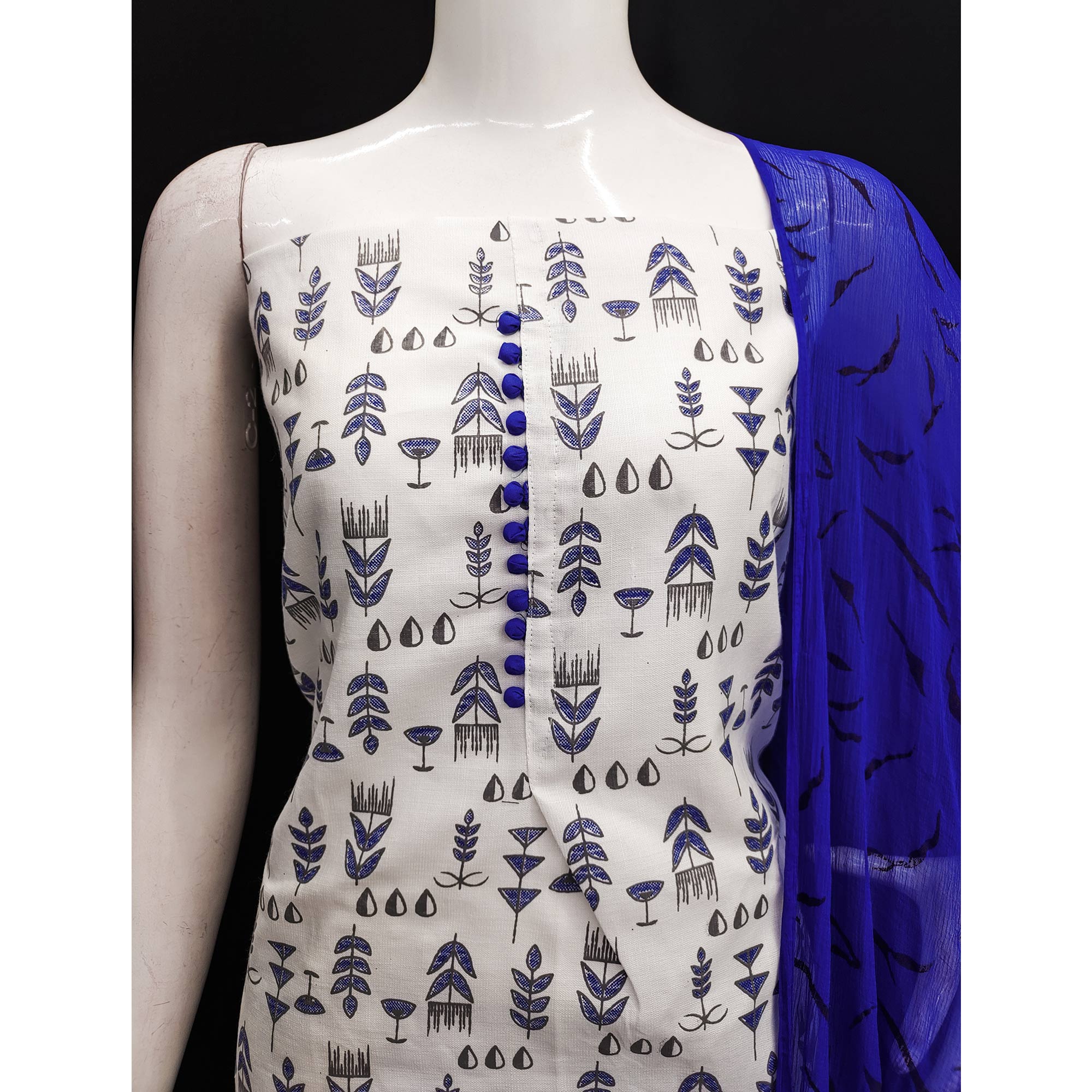 White & Blue Floral Printed Cotton Blend Dress Material