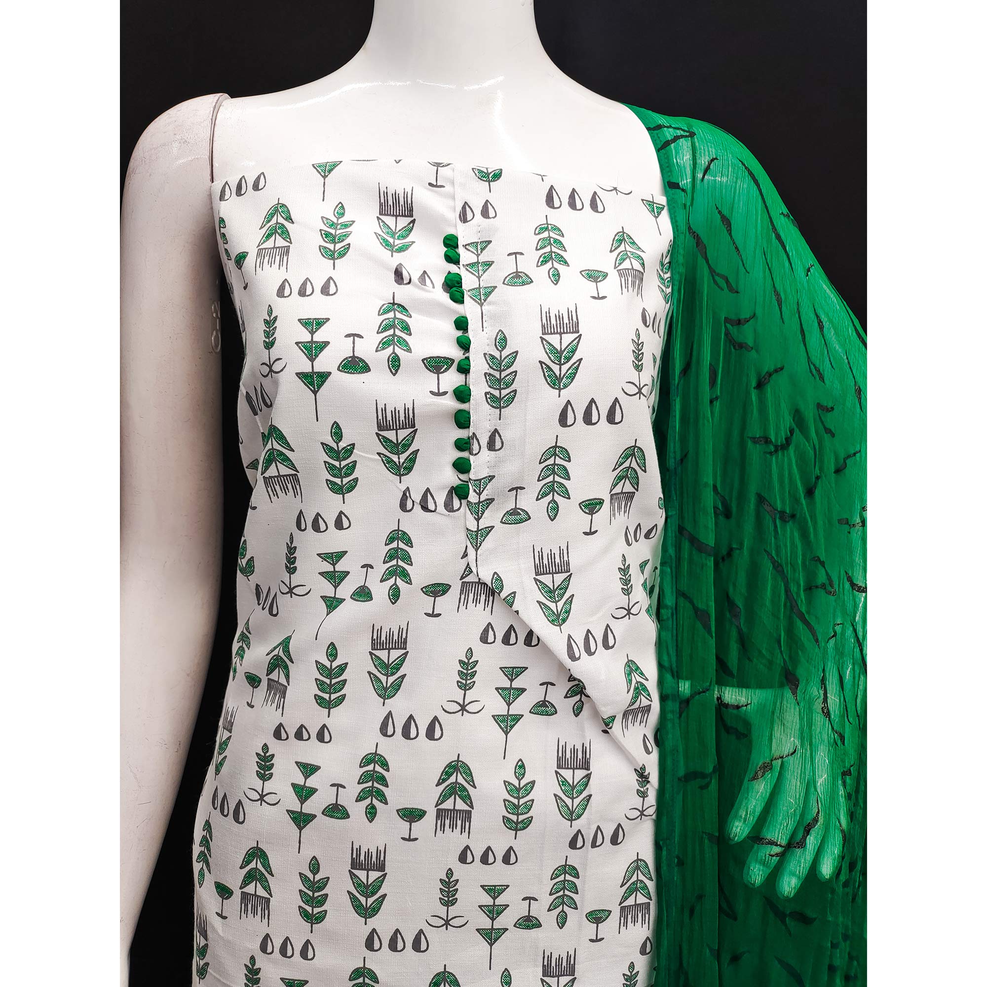 White & Green Floral Printed Cotton Blend Dress Material