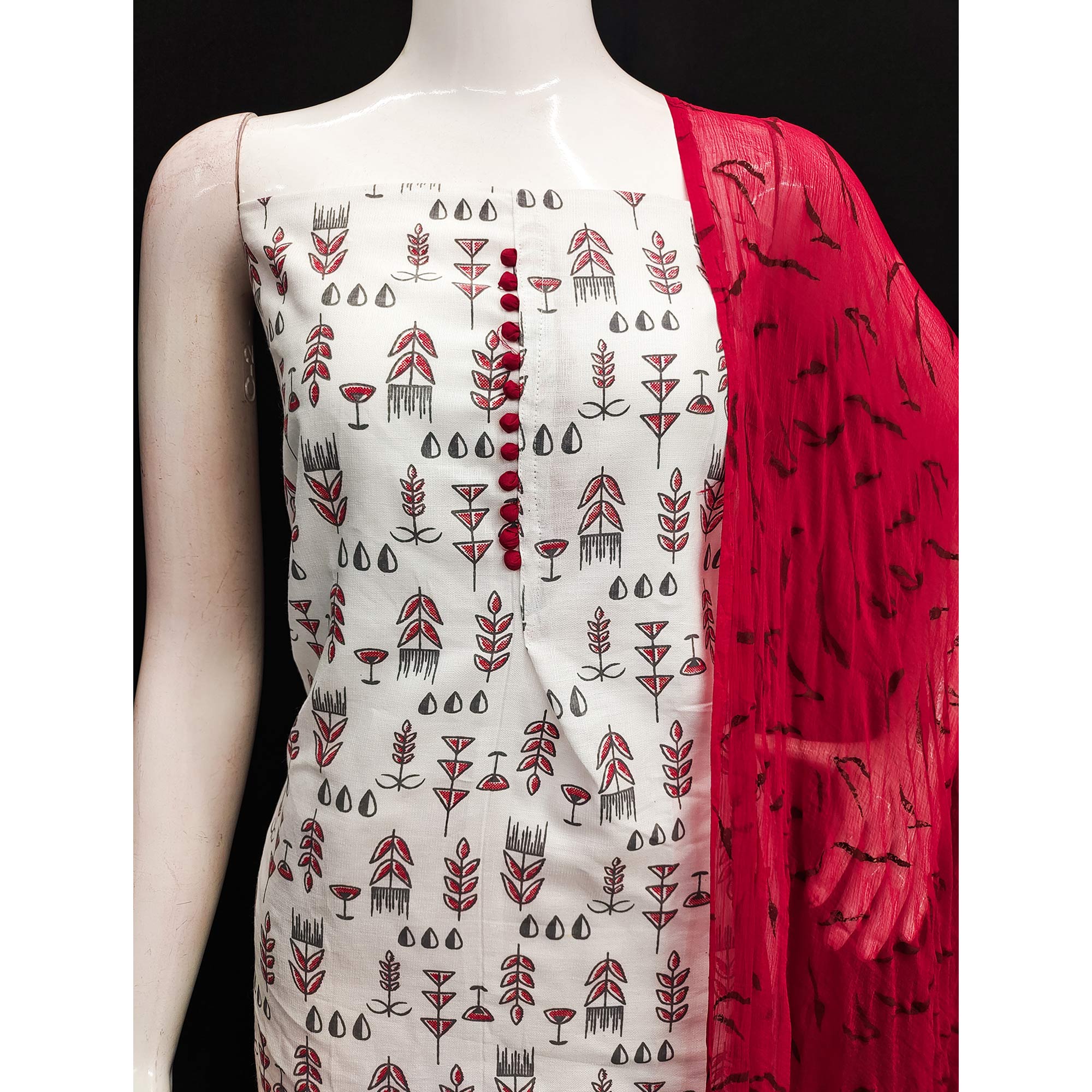 White & Red Floral Printed Cotton Blend Dress Material