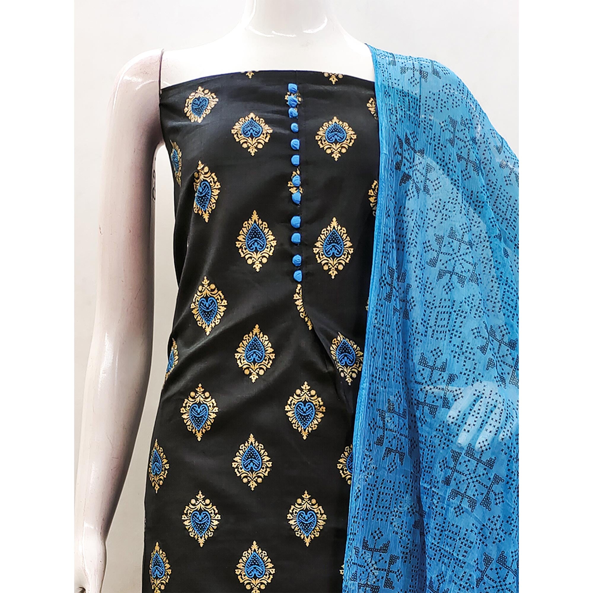 Black & Blue Printed Cotton Blend Dress Material