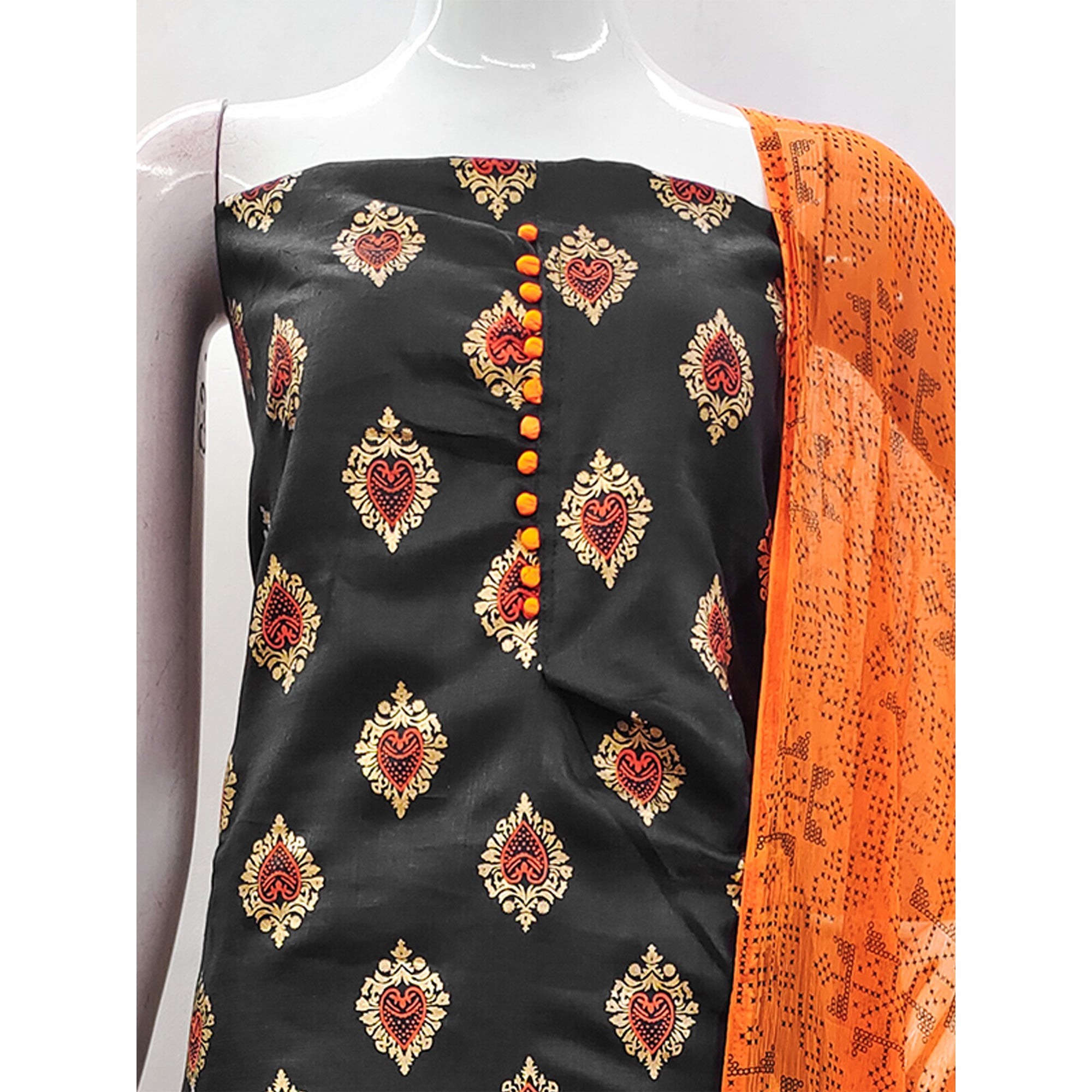 Black & Orange Printed Cotton Blend Dress Material