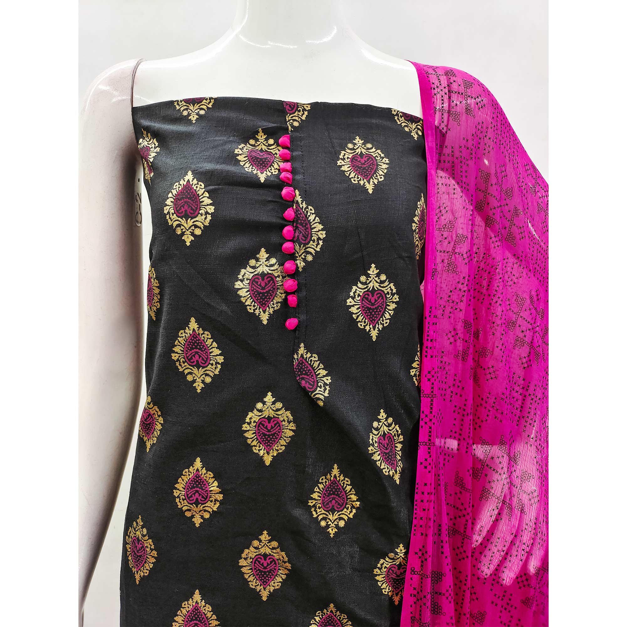 Black & Pink Printed Cotton Blend Dress Material