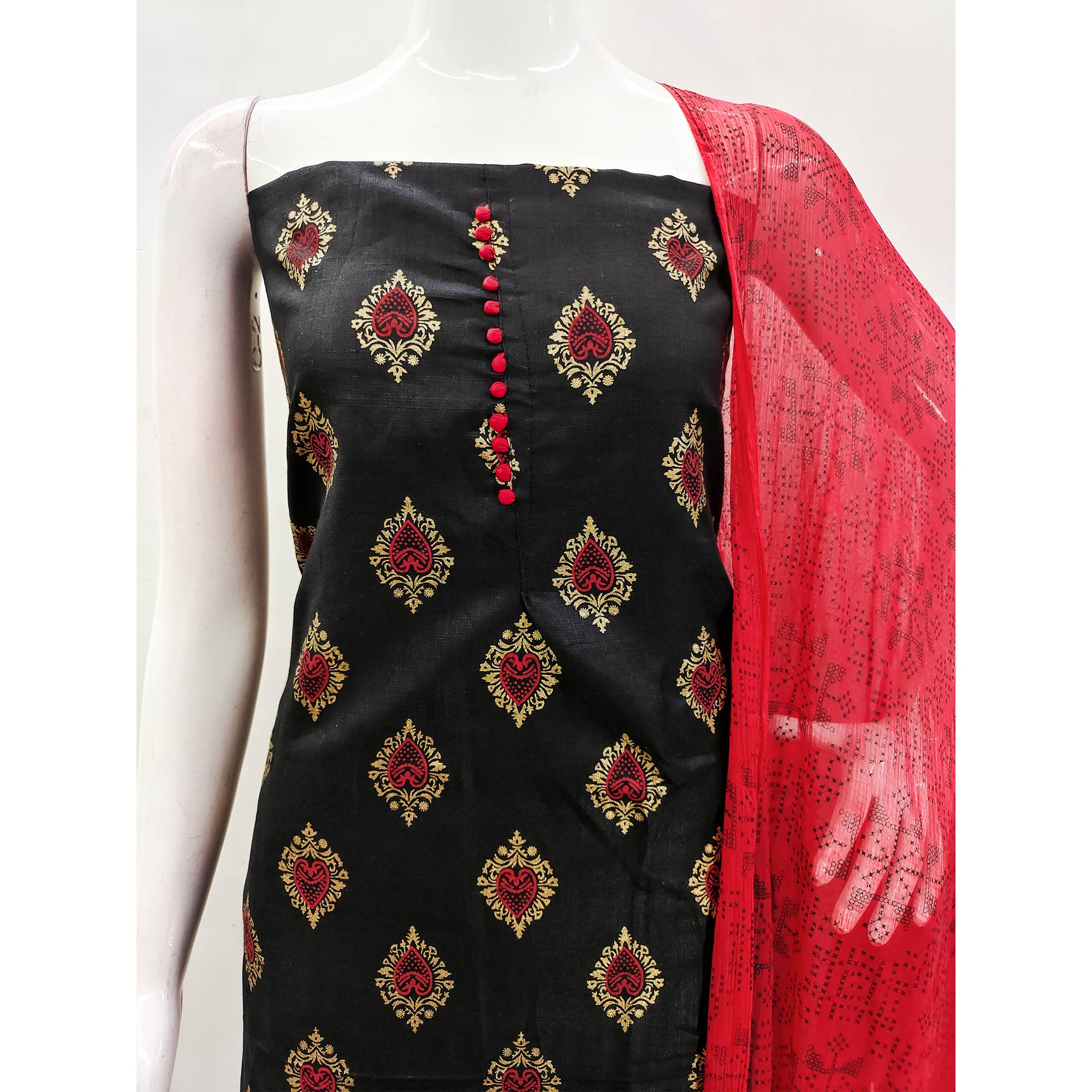 Black & Red Printed Cotton Blend Dress Material