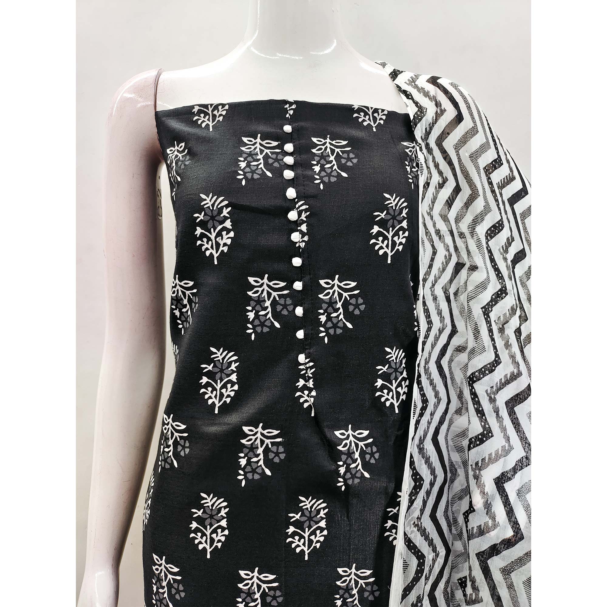 Black Floral Printed Cotton Blend Dress Material