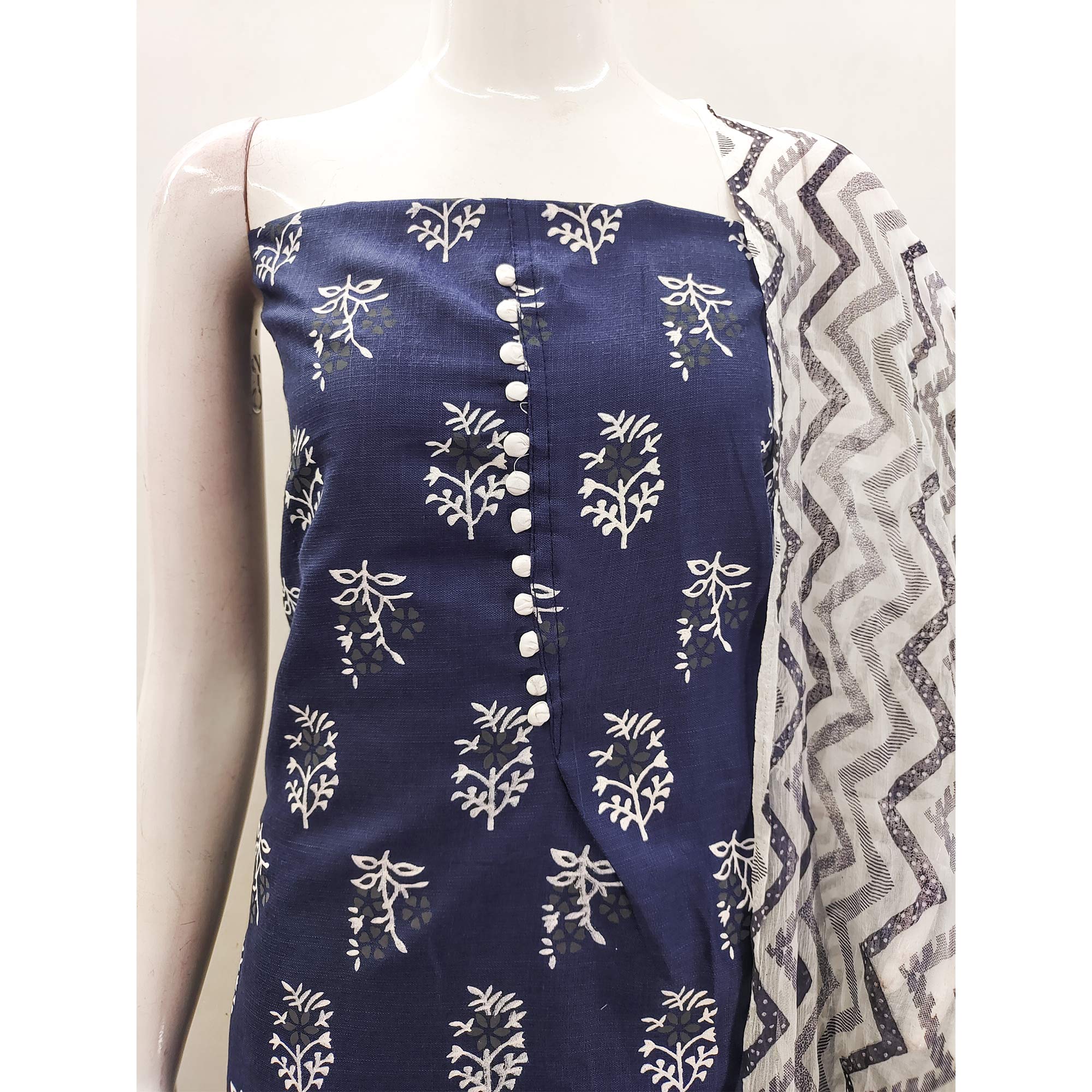 Blue Floral Printed Cotton Blend Dress Material