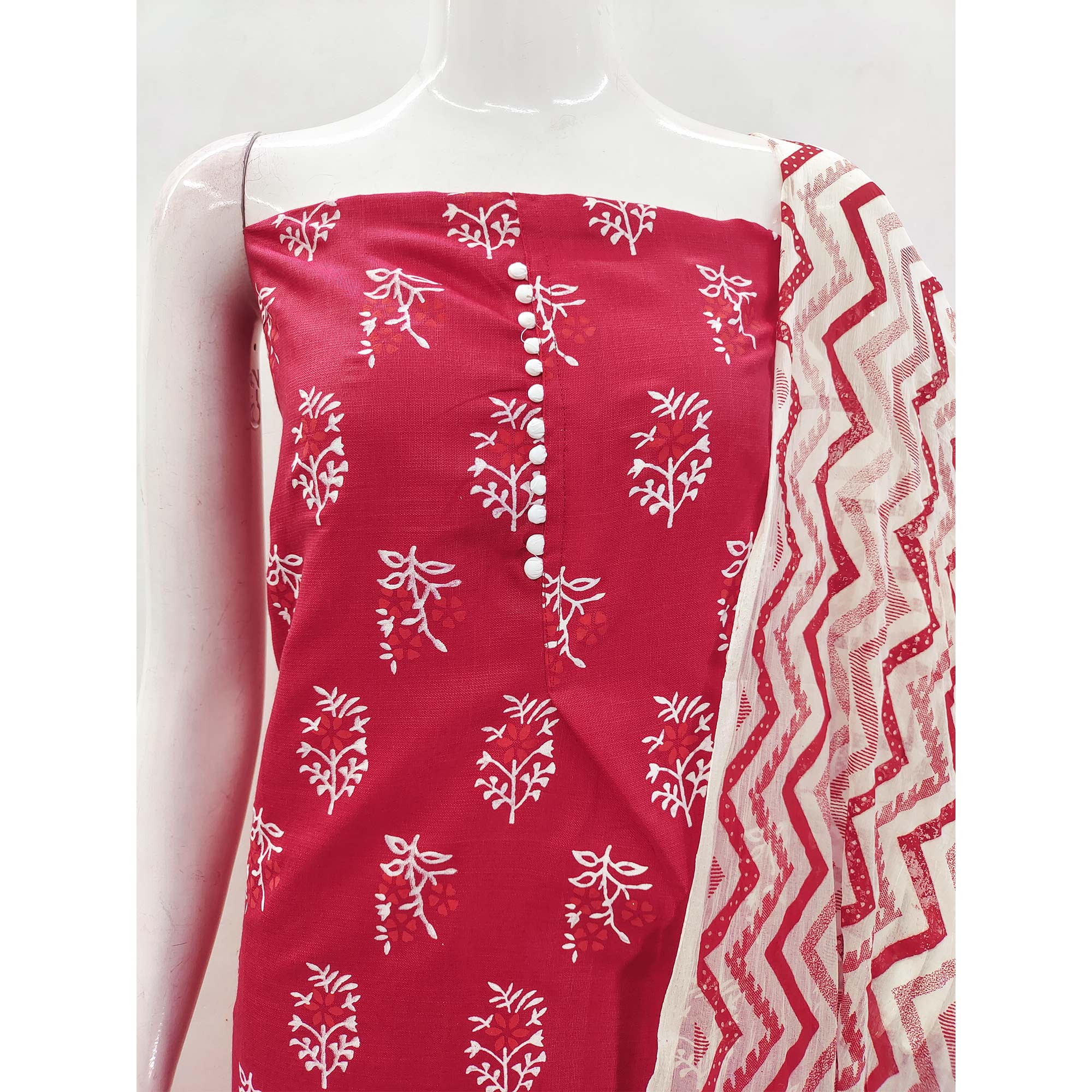 Red Floral Printed Cotton Blend Dress Material