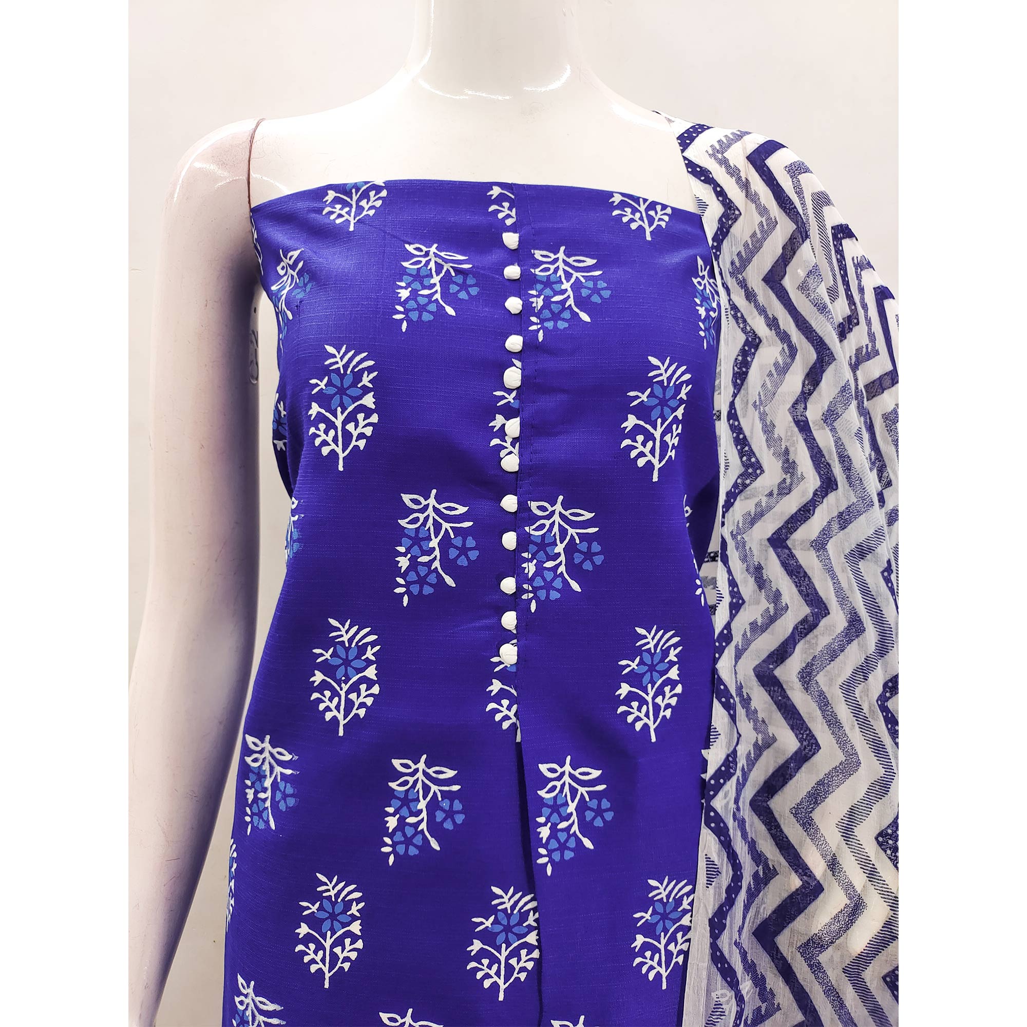 Royal Blue Floral Printed Cotton Blend Dress Material