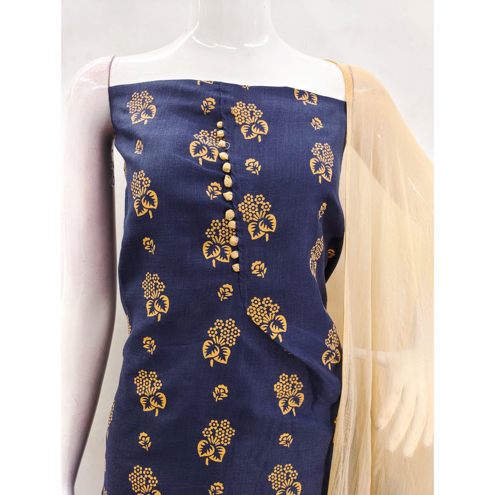 Blue Foil Floral Printed Cotton Blend Dress Material