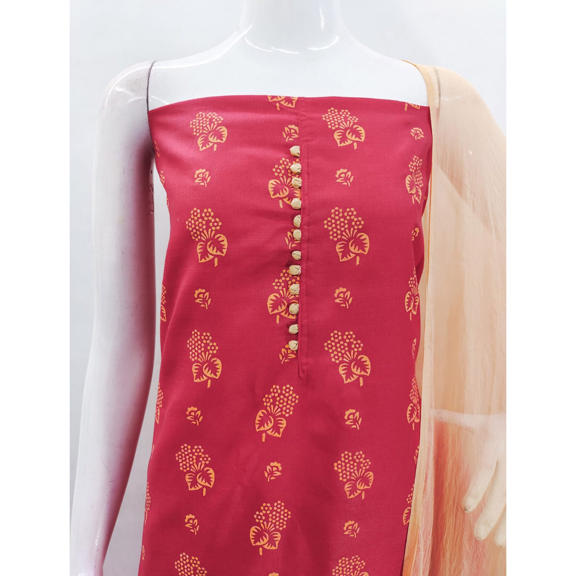 Pink Floral Foil Printed Cotton Blend Dress Material