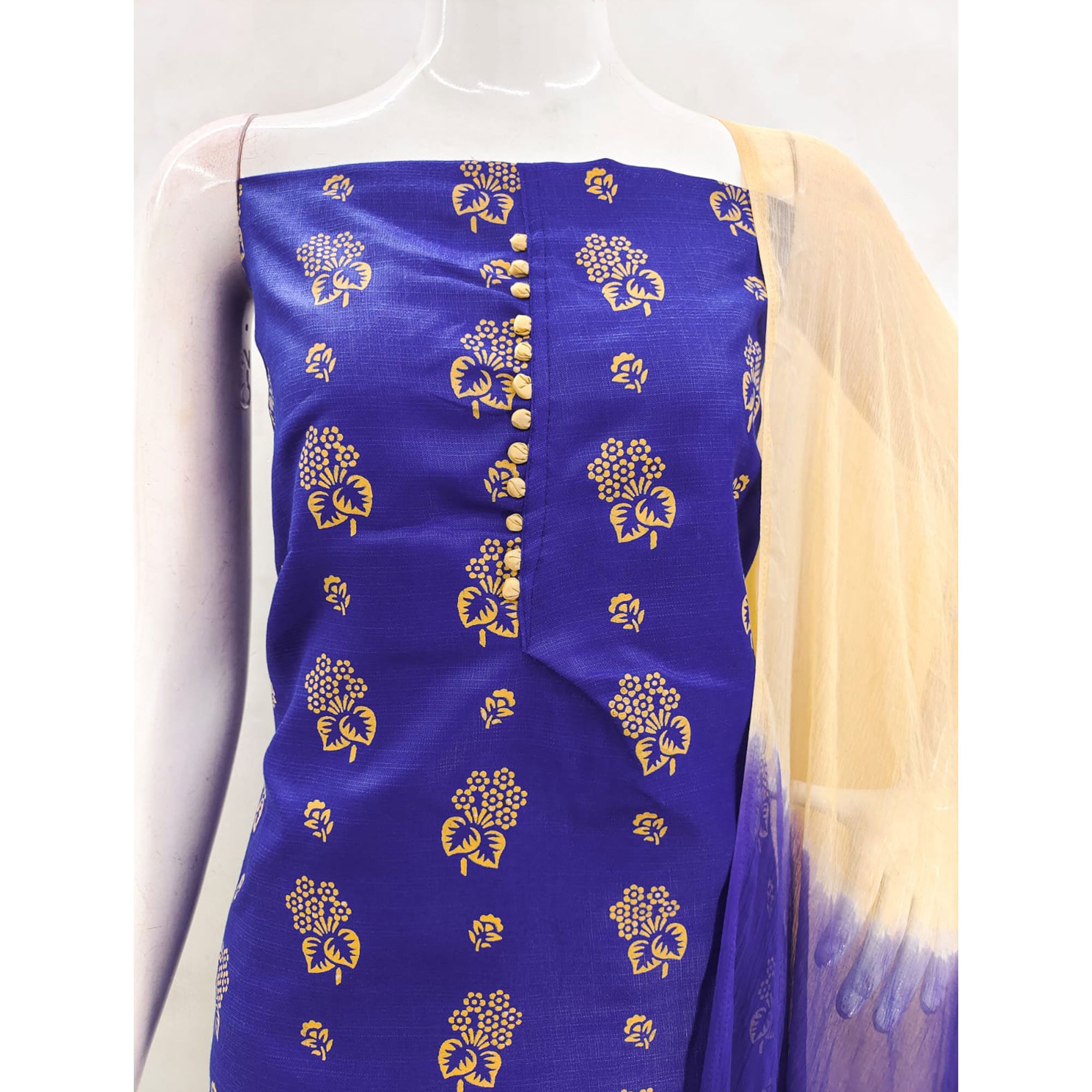 Royal Blue Floral Foil Printed Cotton Blend Dress Material