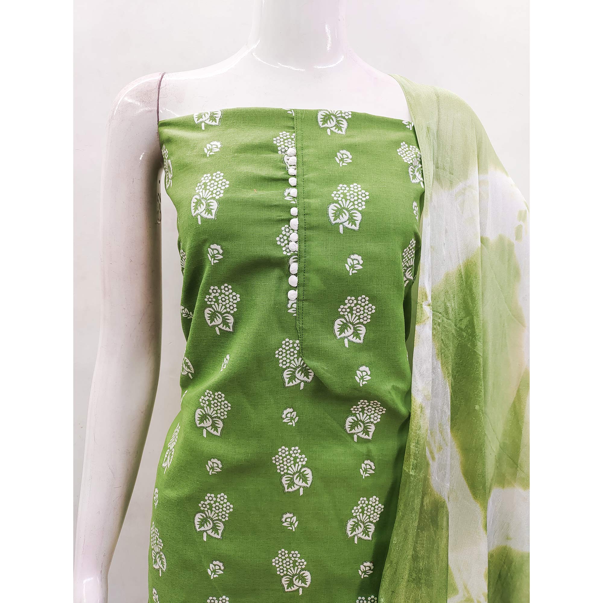 Green Foil Floral Printed Cotton Blend Dress Material