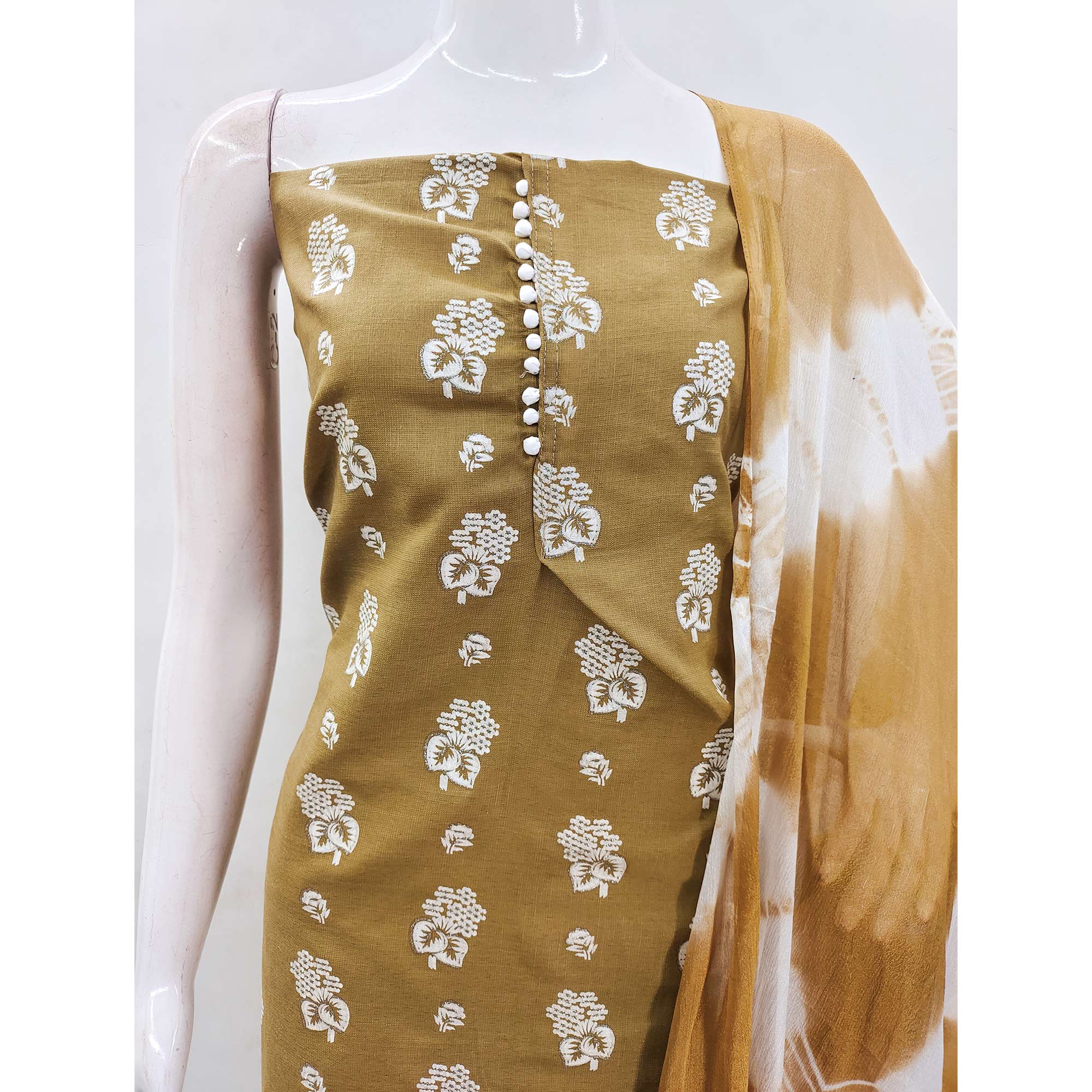 Mustard Foil Floral Printed Cotton Blend Dress Material