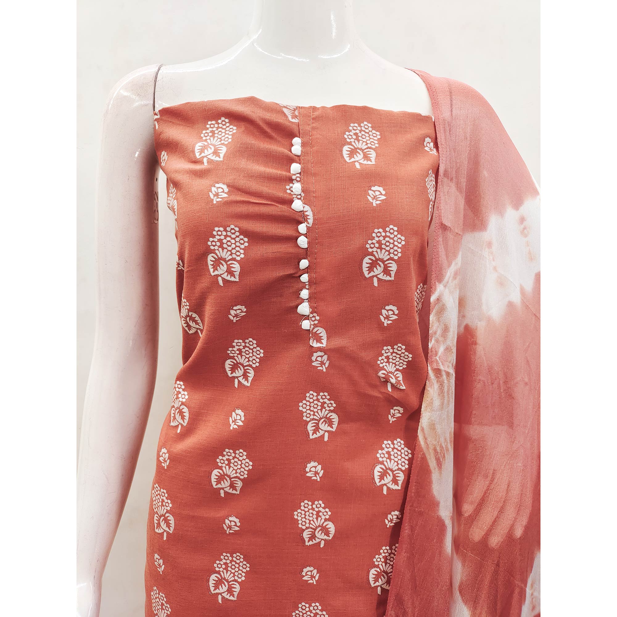 Peach Foil Floral Printed Cotton Blend Dress Material