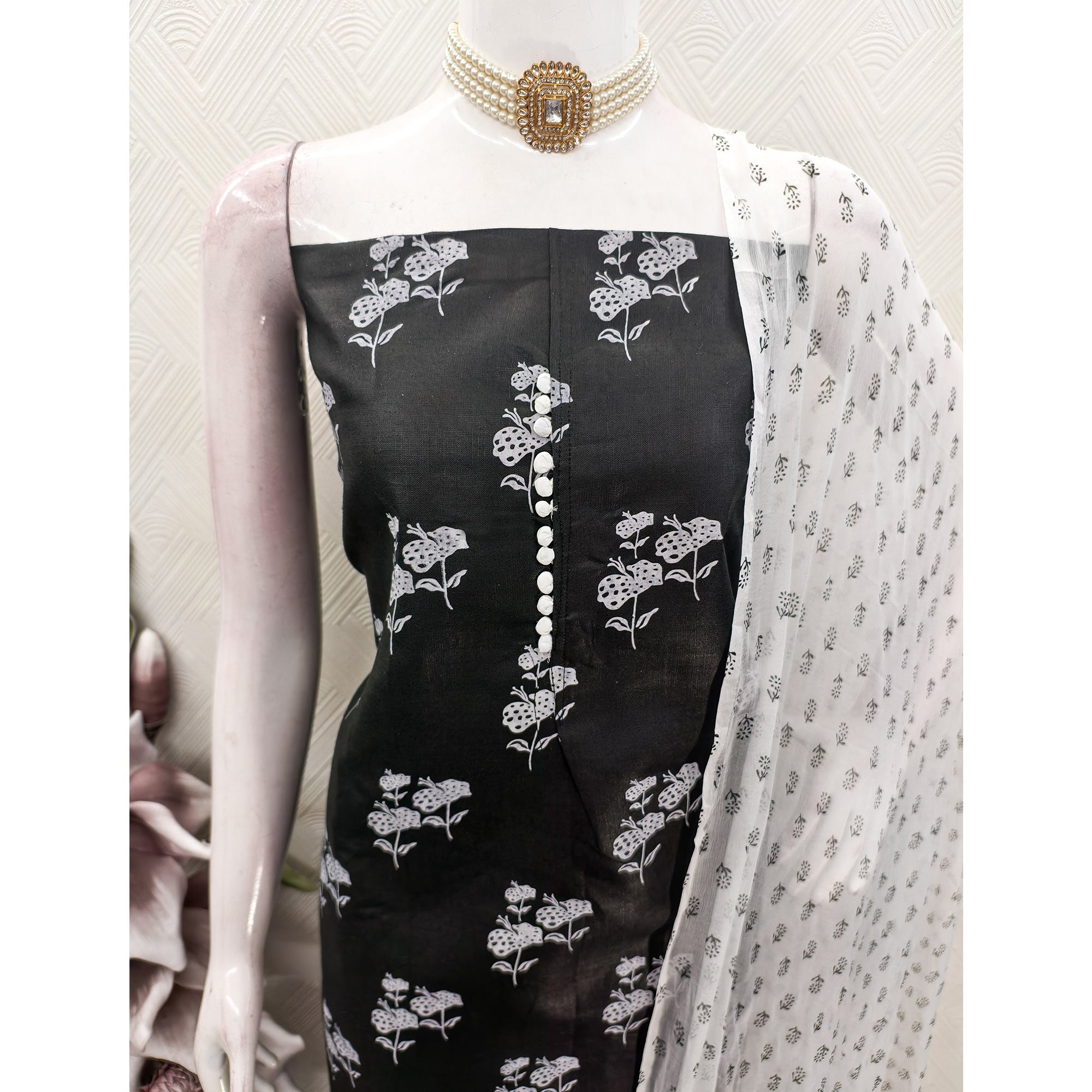 Black Cotton Blend Fabric Featuring Subtle and Elegant Floral Prints