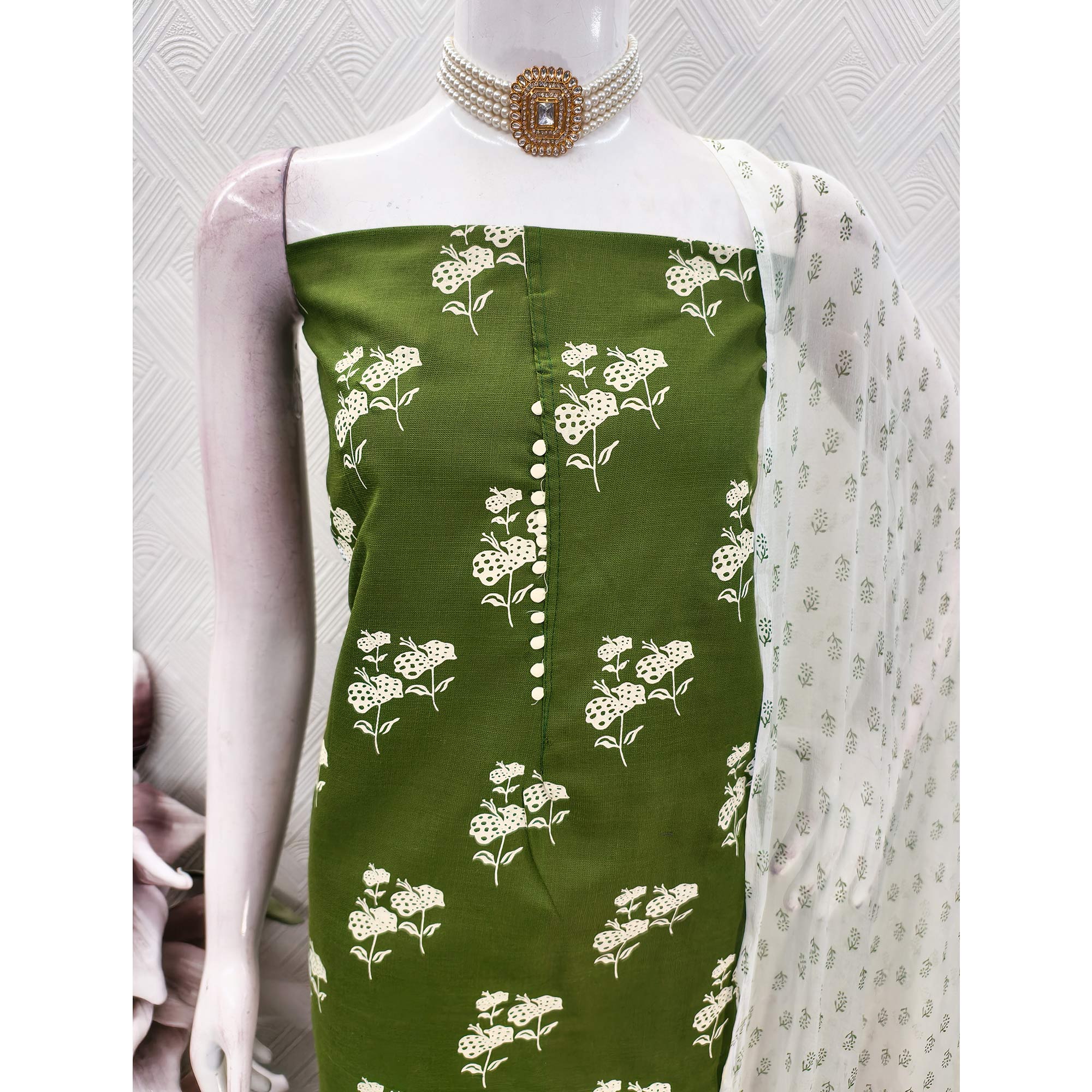Dark Green Cotton Blend Fabric Featuring Subtle and Elegant Floral Prints