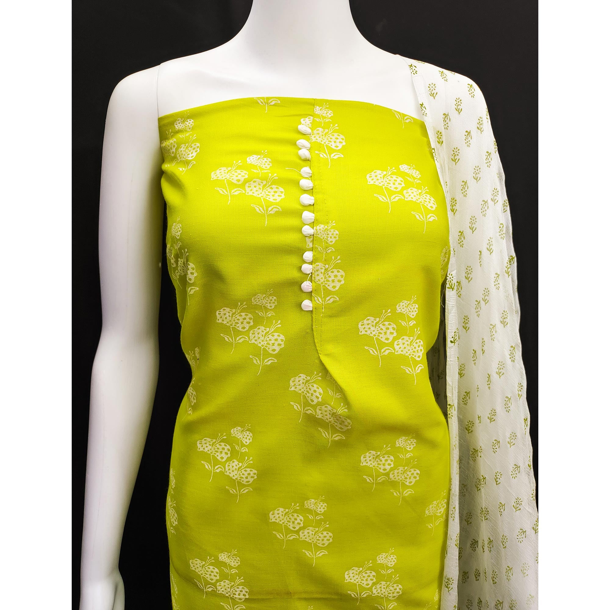 Green Cotton Blend Floral Printed Dress Material