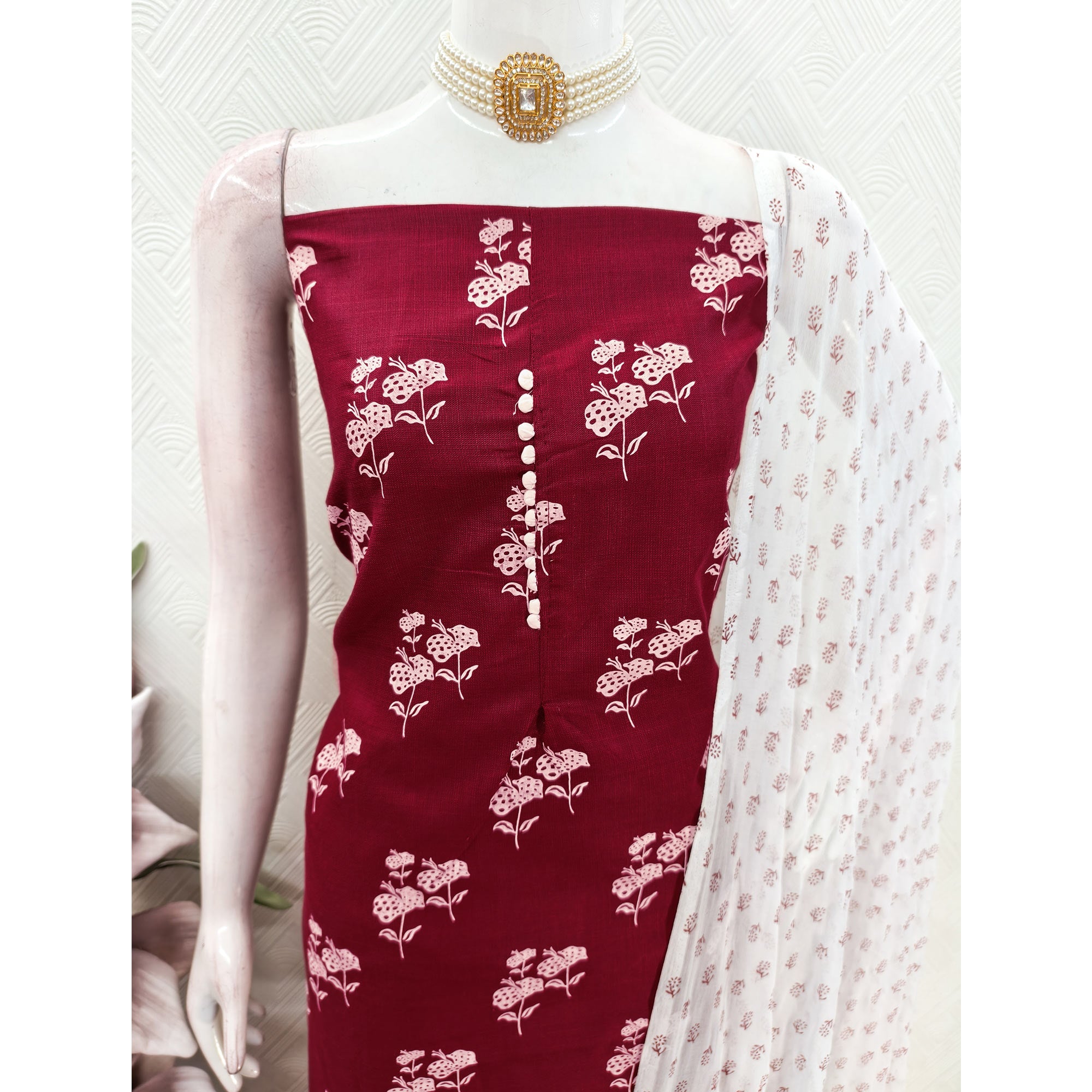 Maroon Cotton Blend Fabric Featuring Subtle and Elegant Floral Prints