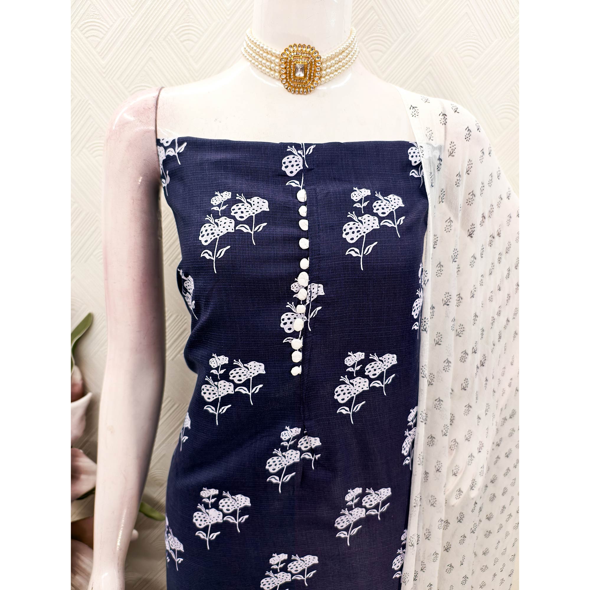 Navy Blue Cotton Blend Fabric Featuring Subtle and Elegant Floral Prints
