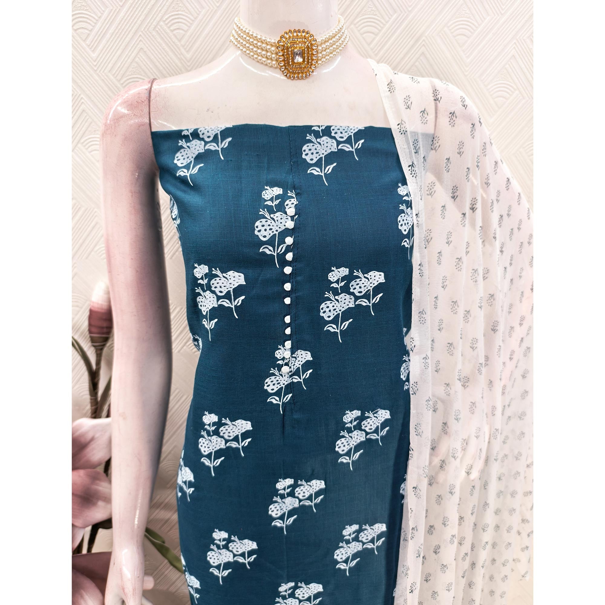 Teal Cotton Blend Fabric Featuring Subtle and Elegant Floral Prints