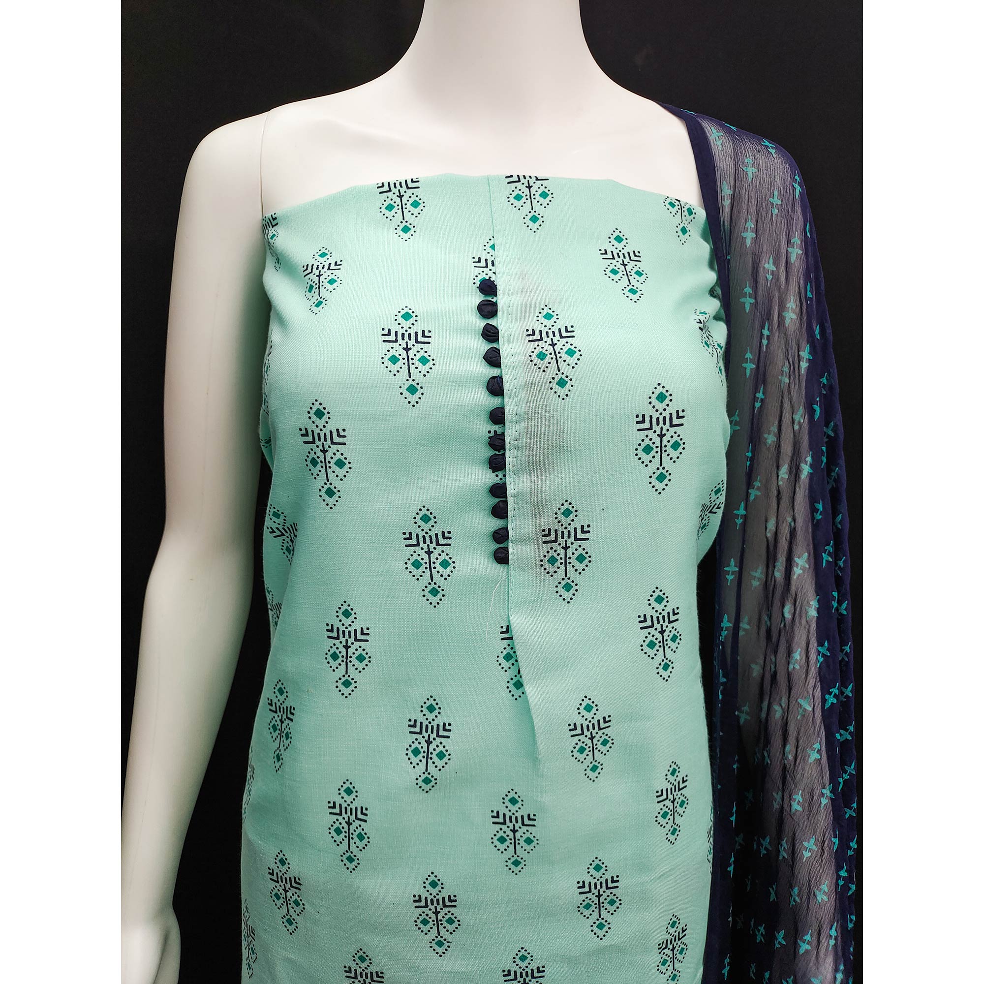 Blue Floral Printed Cotton Blend Dress Material