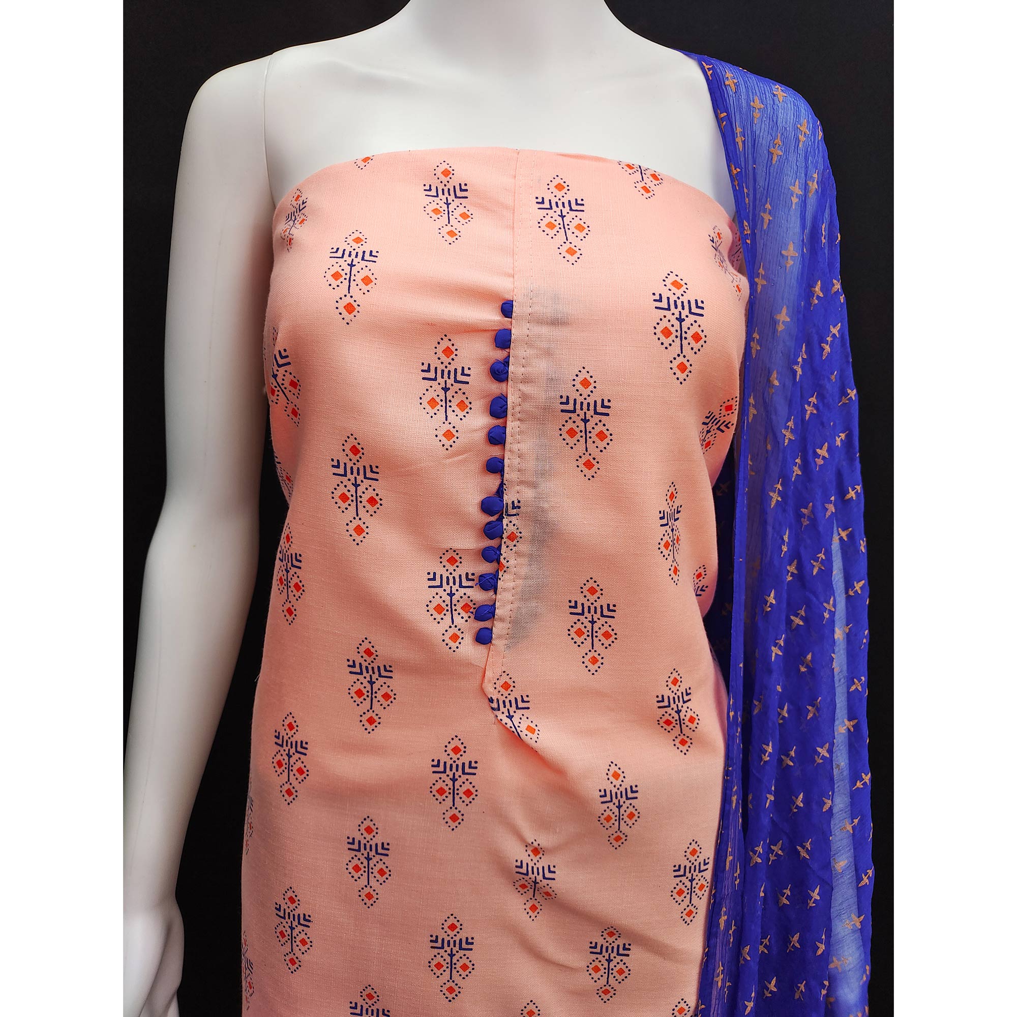 Peach Floral Printed Cotton Blend Dress Material