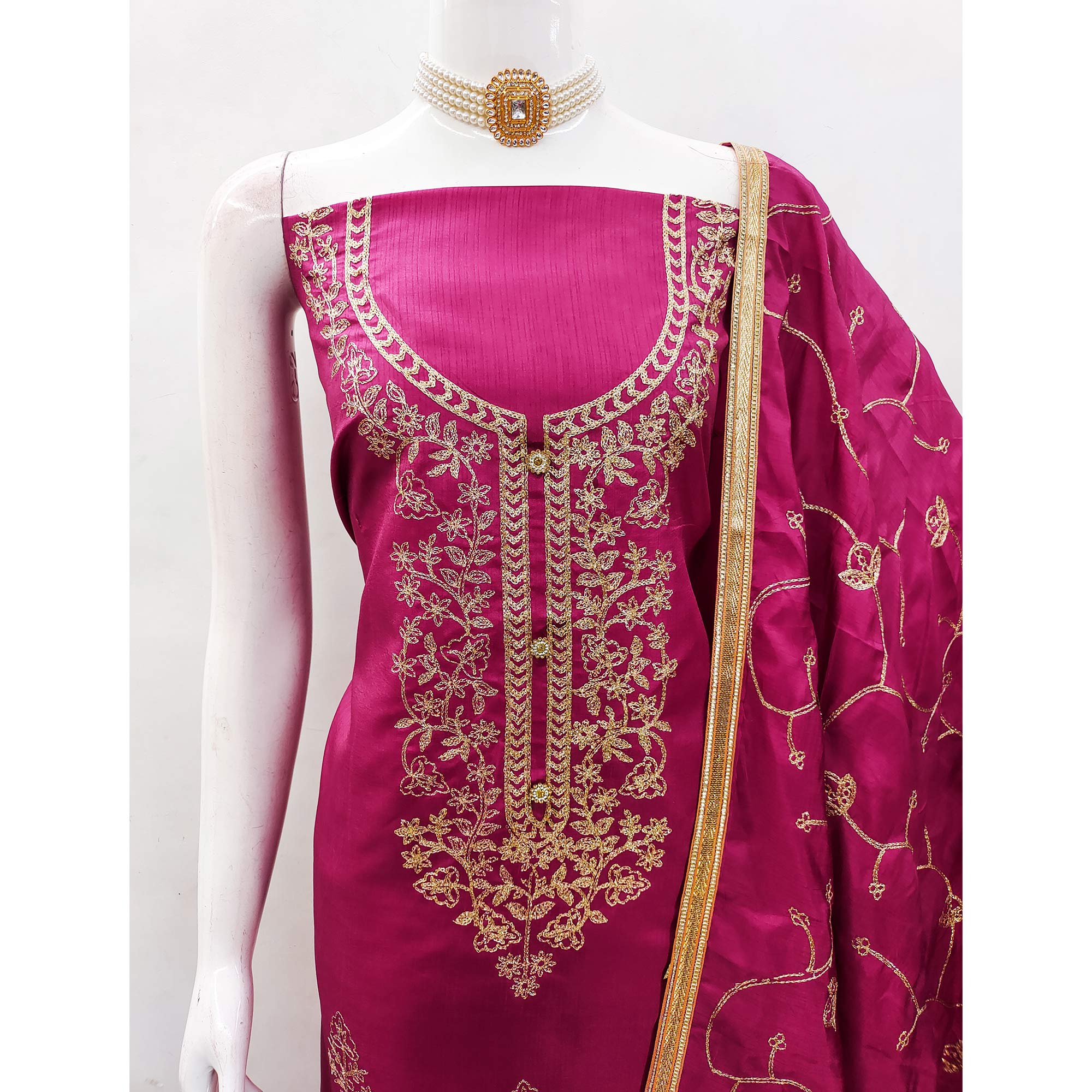 Rani Pink Floral Embroidered Art Silk Dress Material
