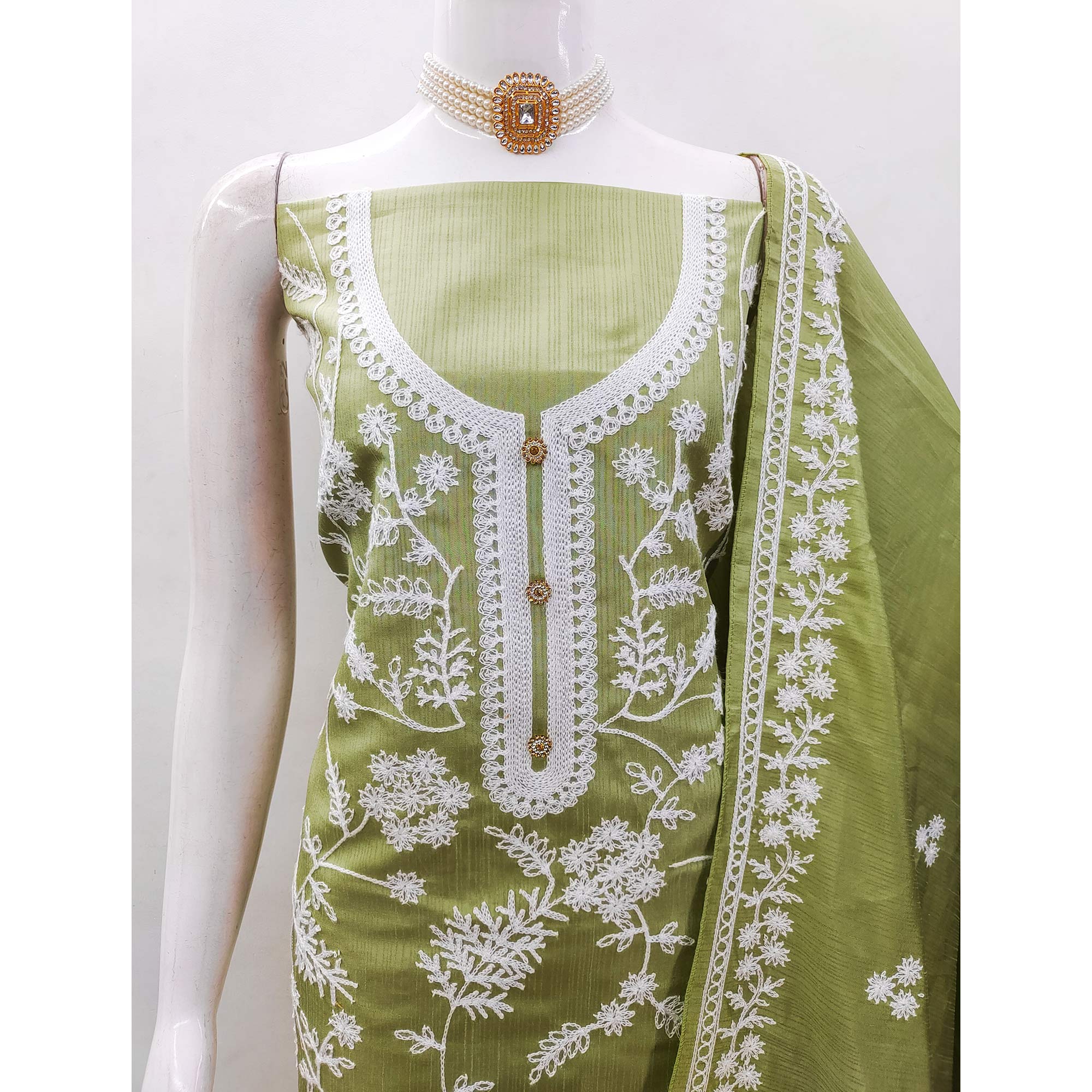 Green Floral Embroidered Art Silk Dress Material