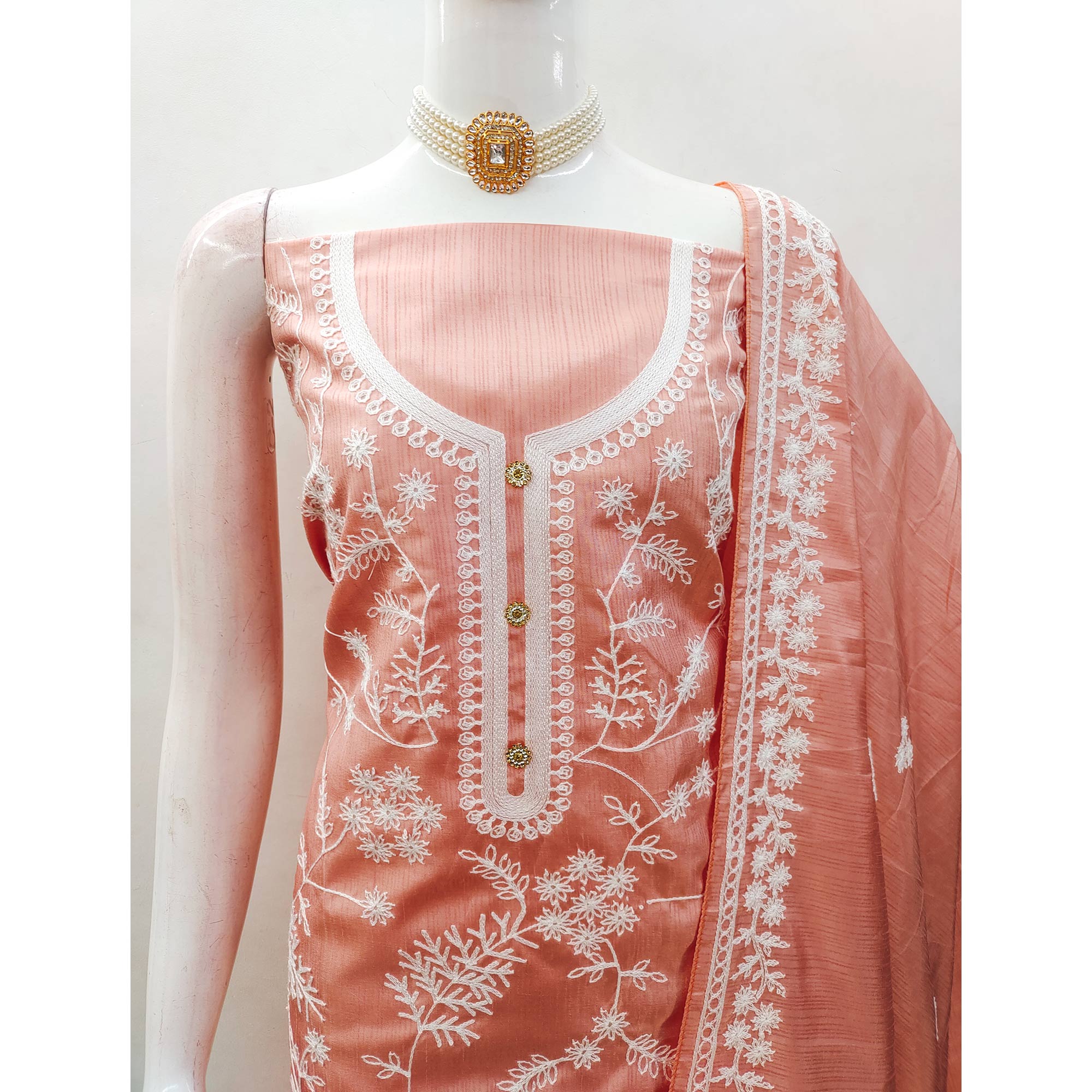Peach Floral Embroidered Art Silk Dress Material