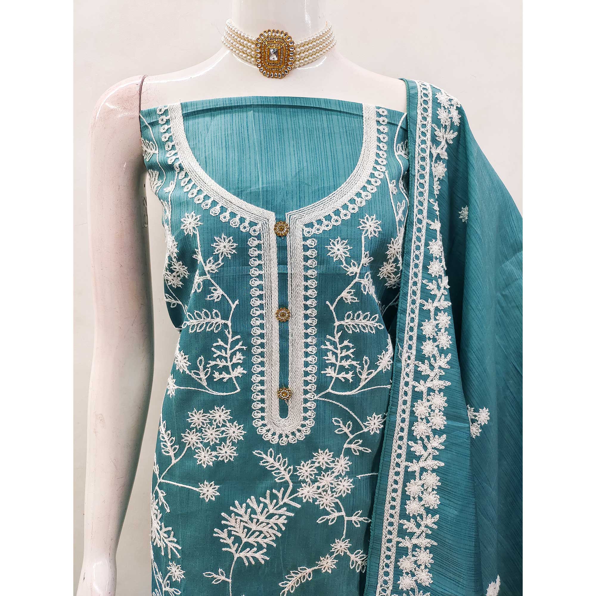 Rama Blue Floral Embroidered Art Silk Dress Material