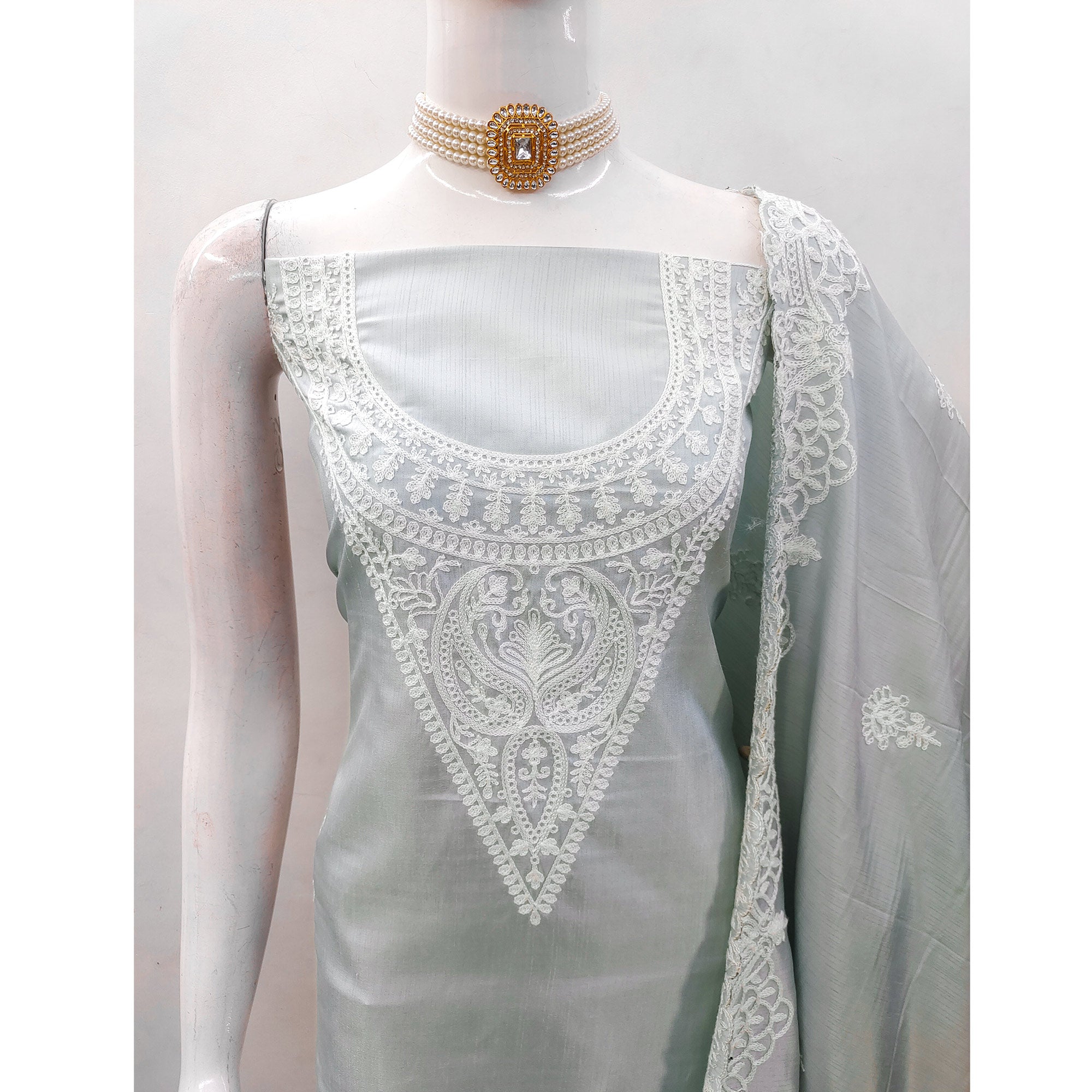 Grey Paisley Floral Embroidered Art Silk Dress Material