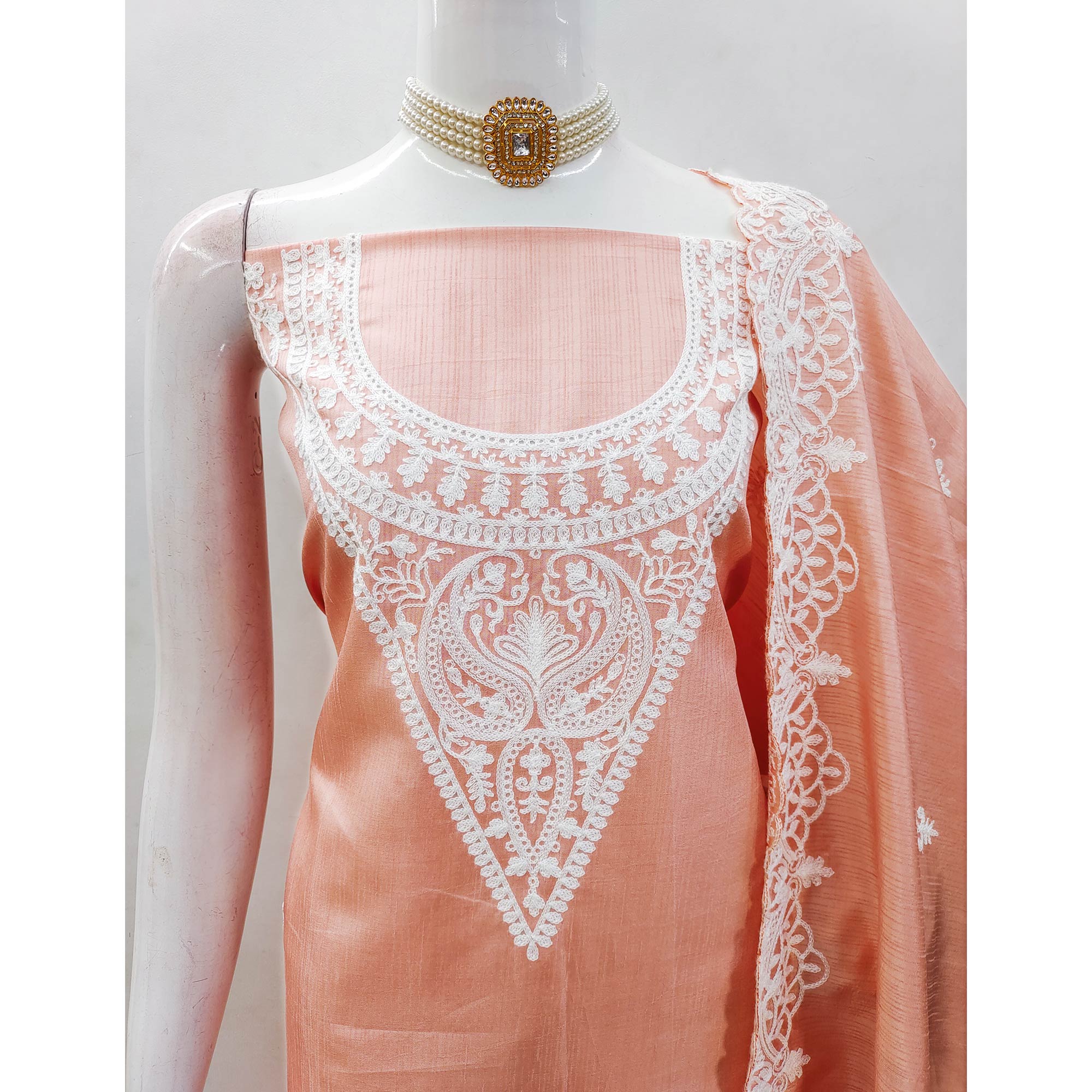 Peach Paisley Floral Embroidered Art Silk Dress Material