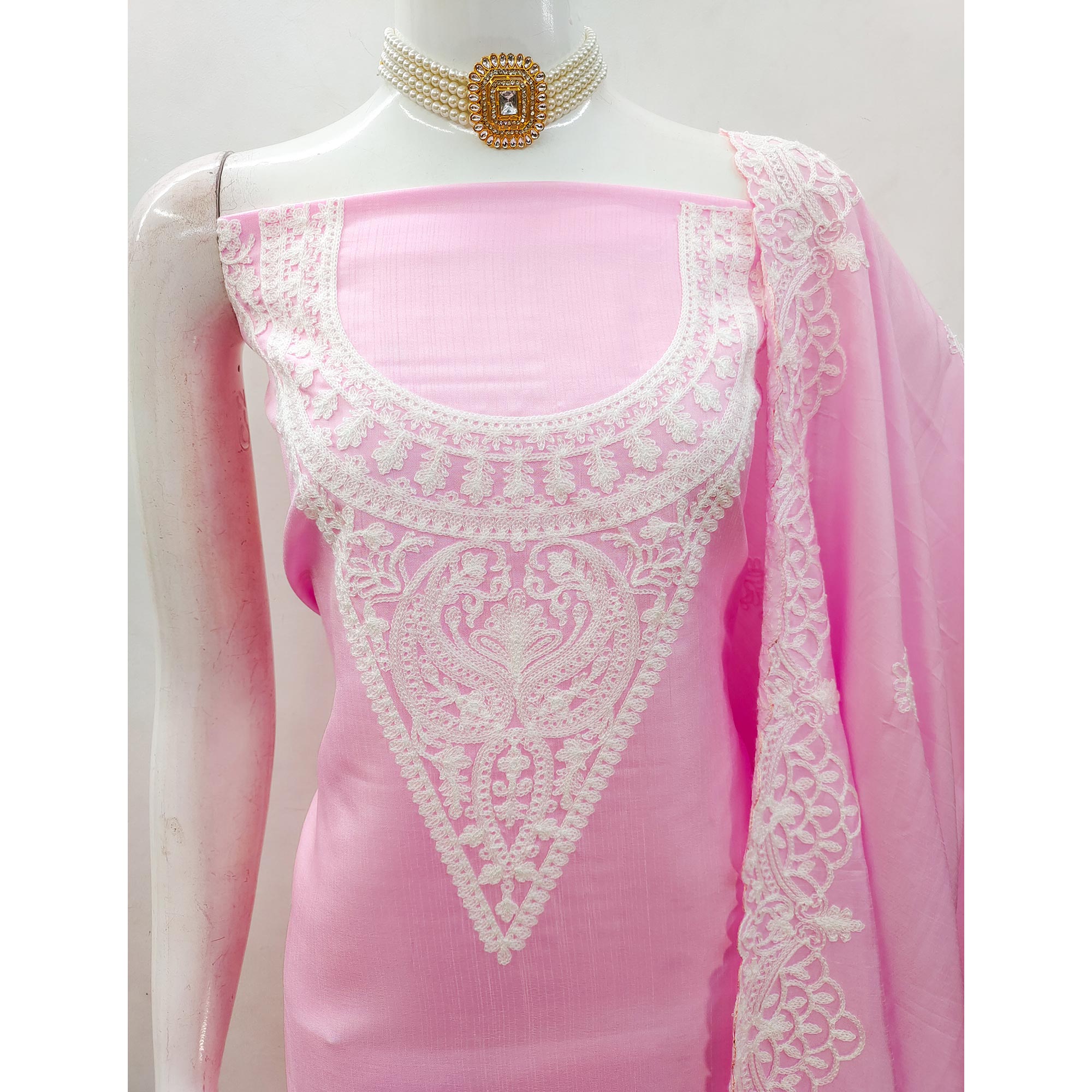 Pink Paisley Floral Embroidered Art Silk Dress Material