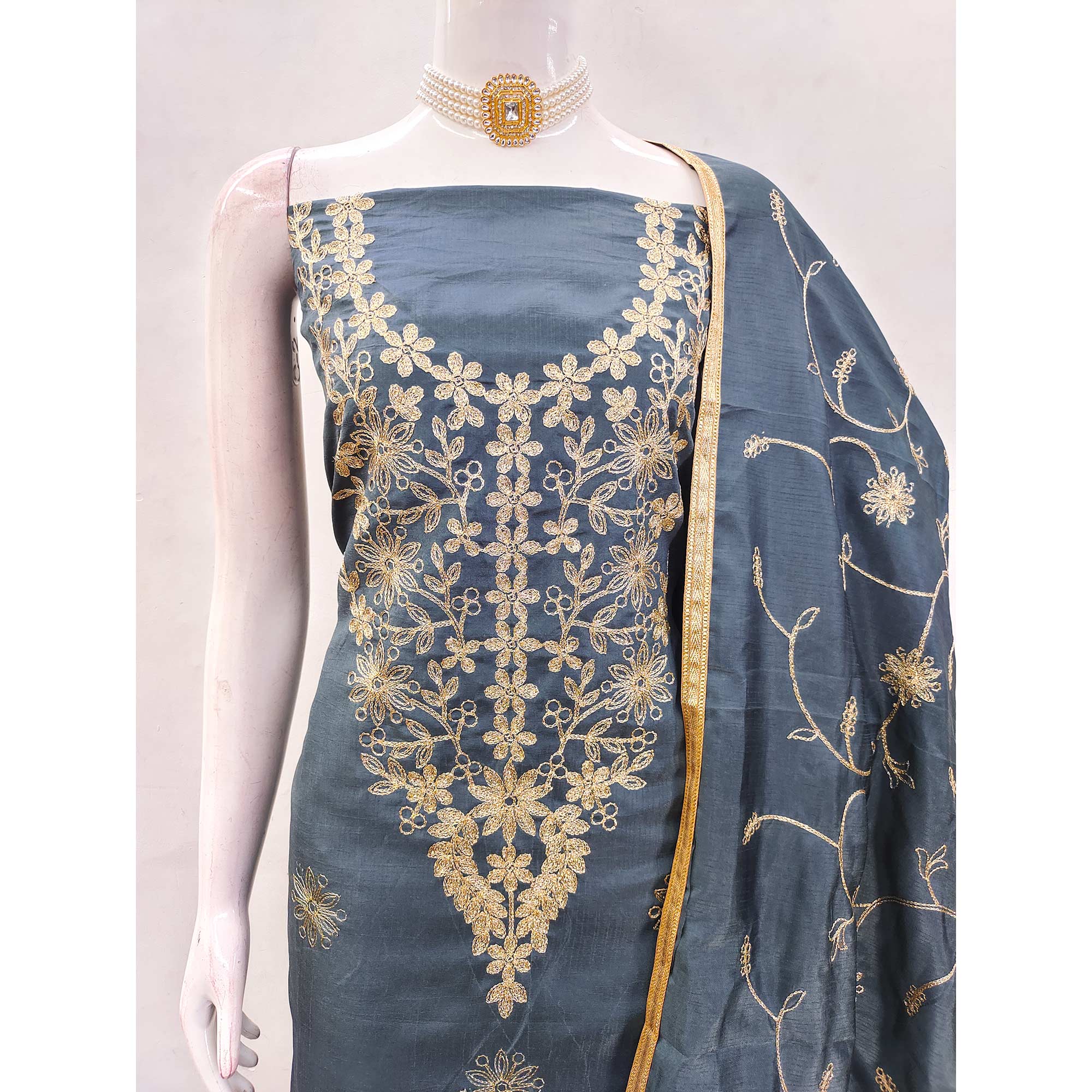 Grey Floral Embroidered Art Silk Dress Material