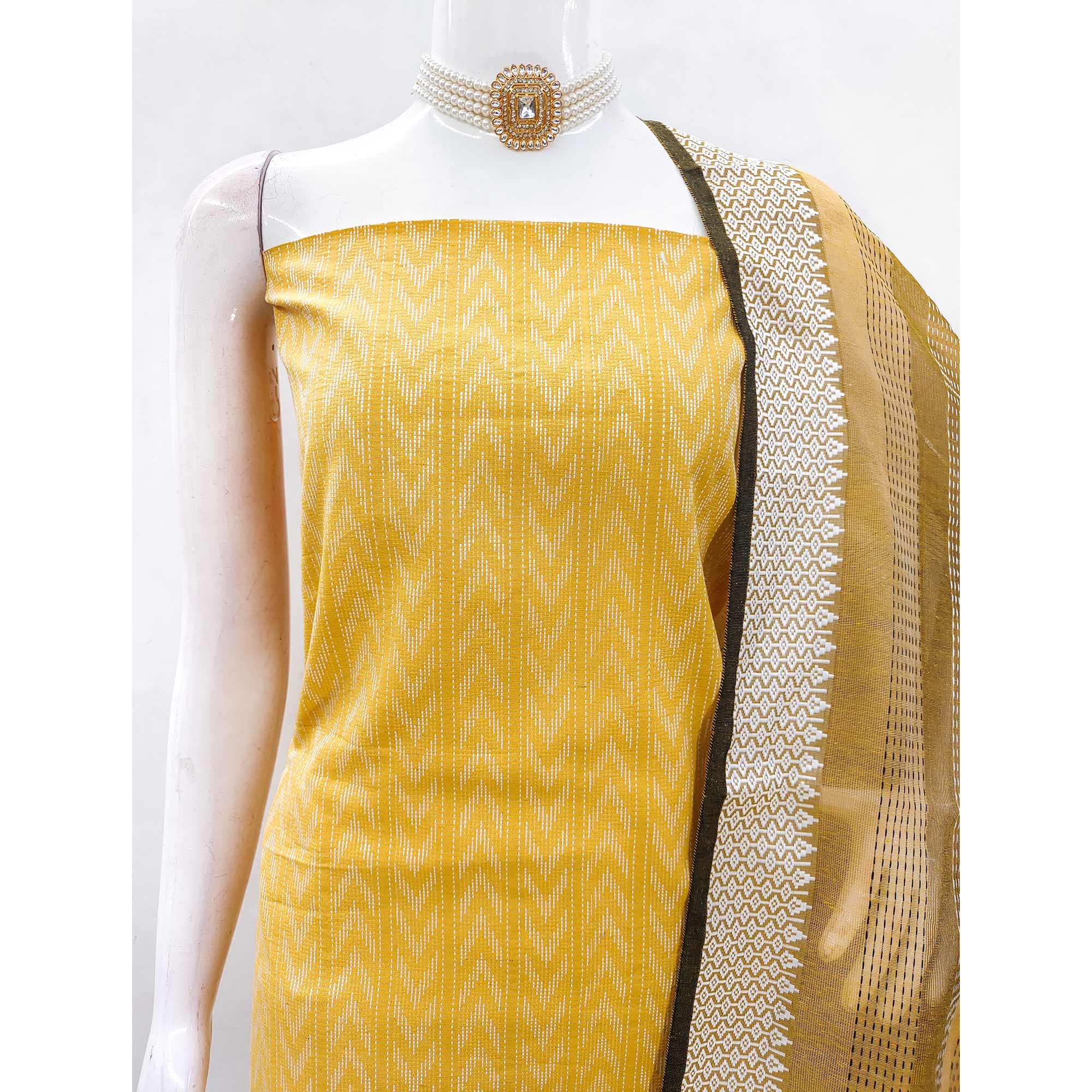 Make a Statement With Mustard Chevron Woven Pattern Cotton Blend Dress Material