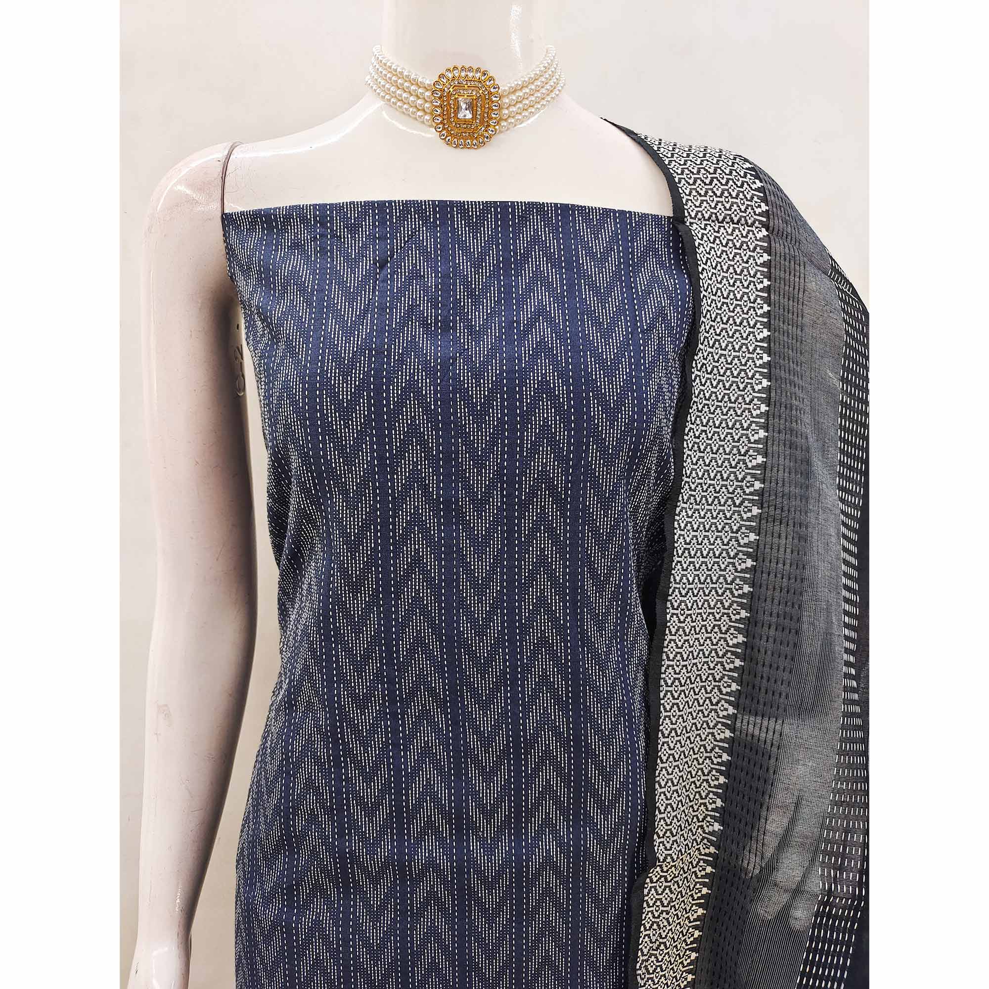 Redefine Elegance With This Navy Blue Chevron Woven Pattern Cotton Blend Dress Material