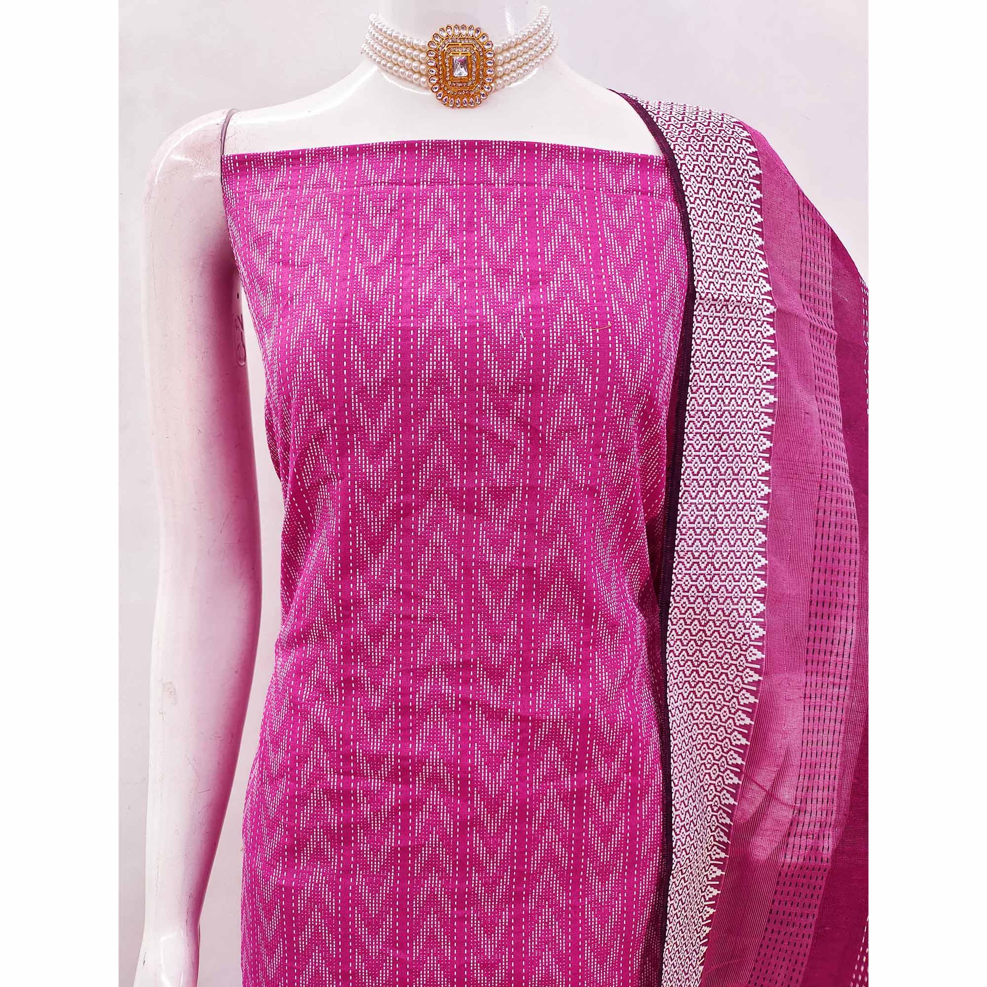 Redefine Elegance With This Pink Chevron Woven Pattern Cotton Blend Dress Material