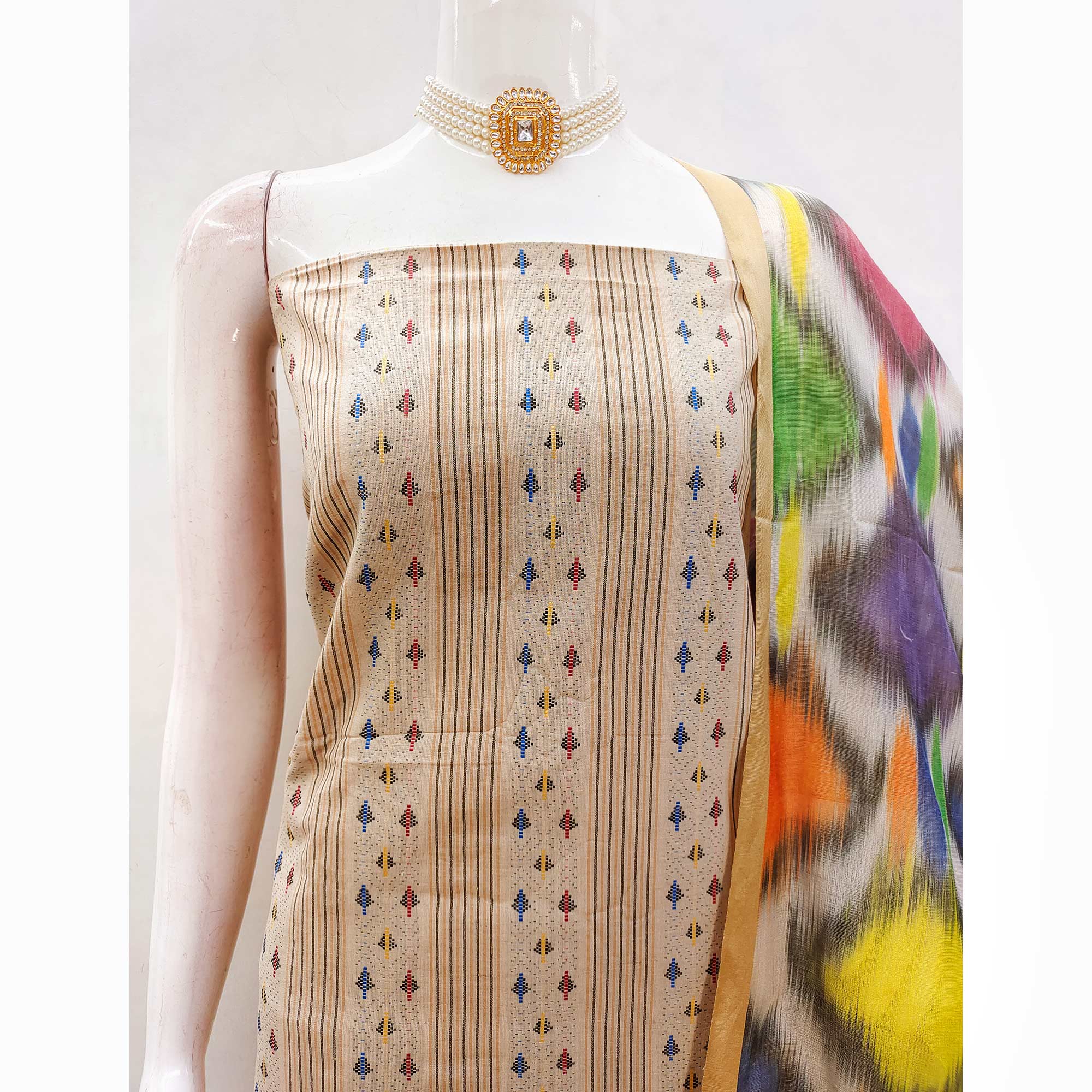 Make a Statement With Chikoo Woven Cotton Blend Dress Material